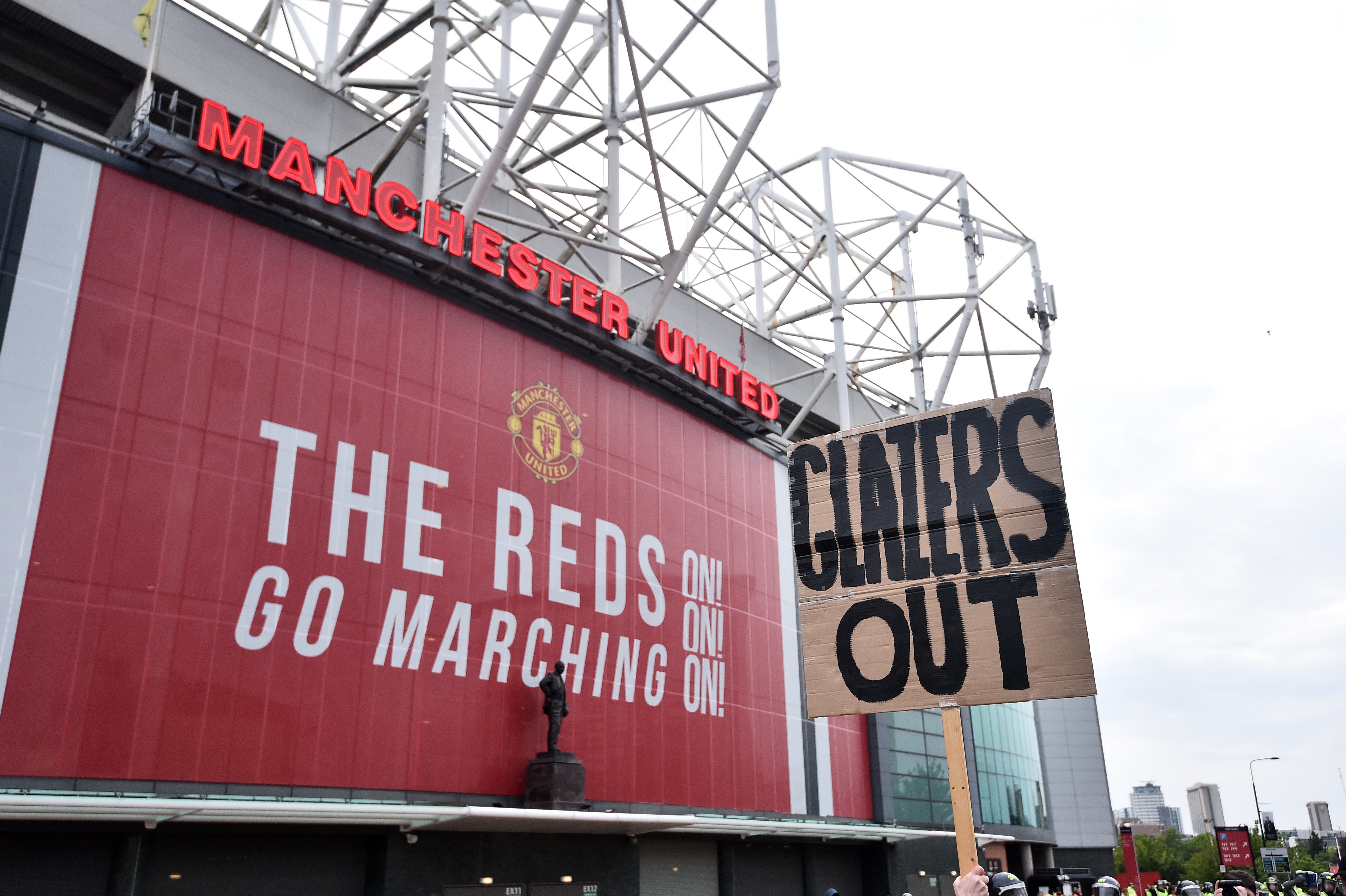 A ‘Glazers Out’ sign held outside Old Trafford, Manchester United’s home ground