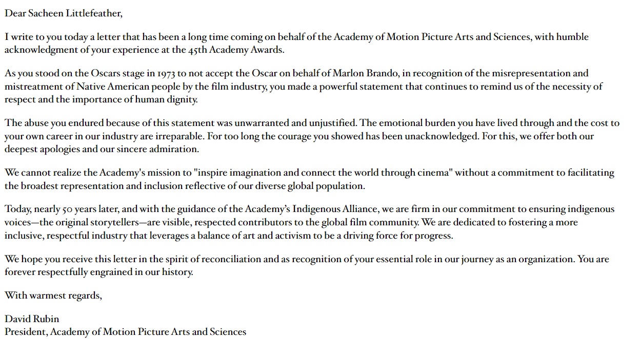 Statement of reconciliation offered to Sacheen Littlefeather by former Academy president David Rubin over 1973 speech abuse