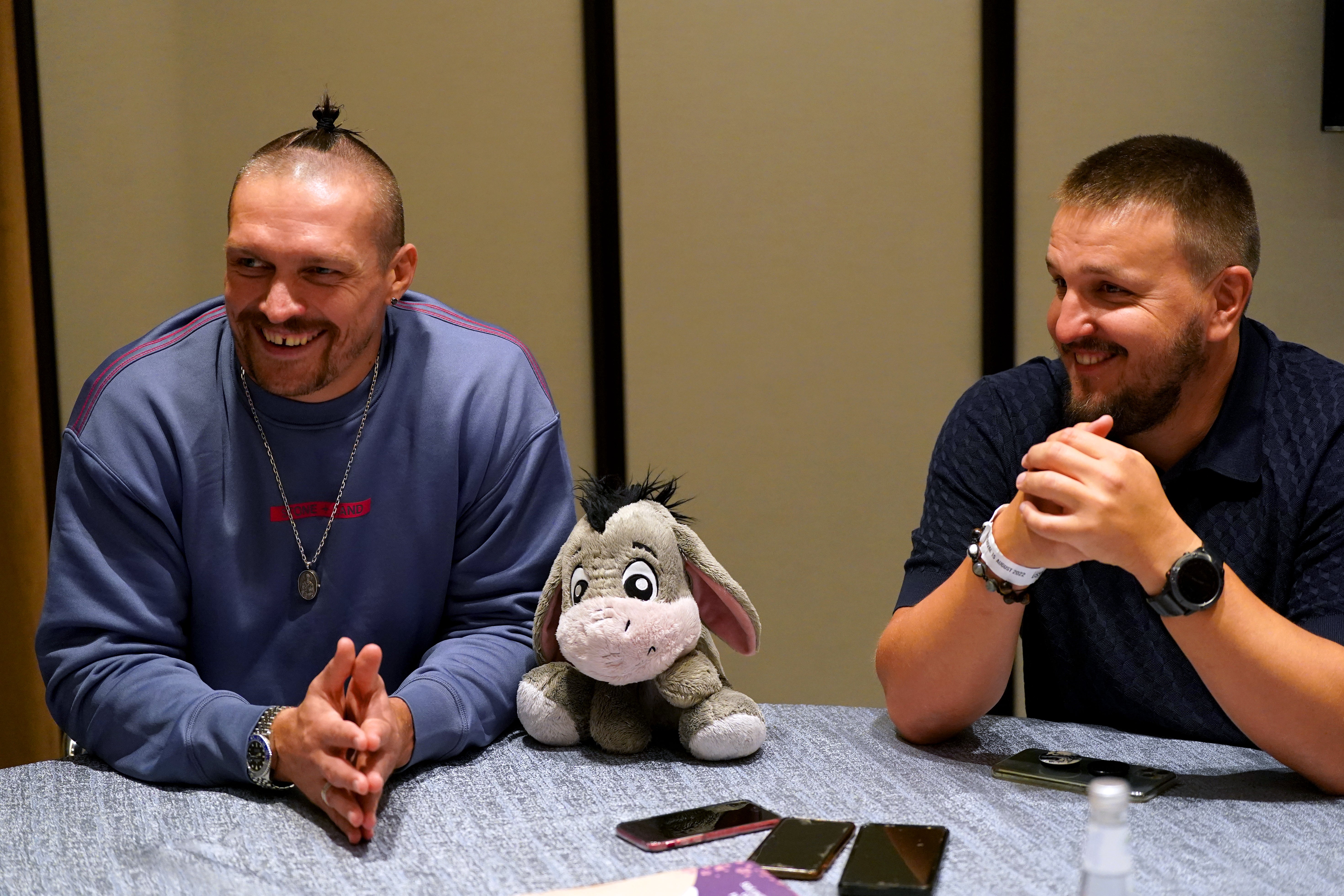 Oleksandr Usyk (left) and his promoter Alexander Krassyuk in Jeddah on Monday (Nick Potts/PA)