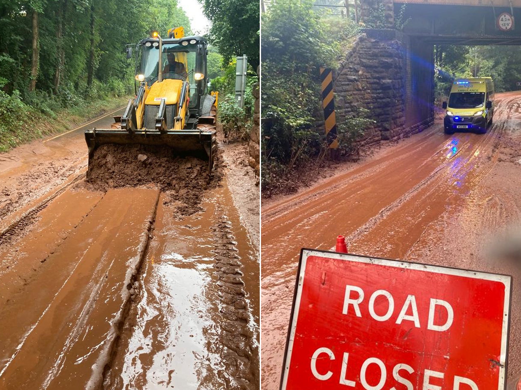 Emergency responders work to clear mud from the road