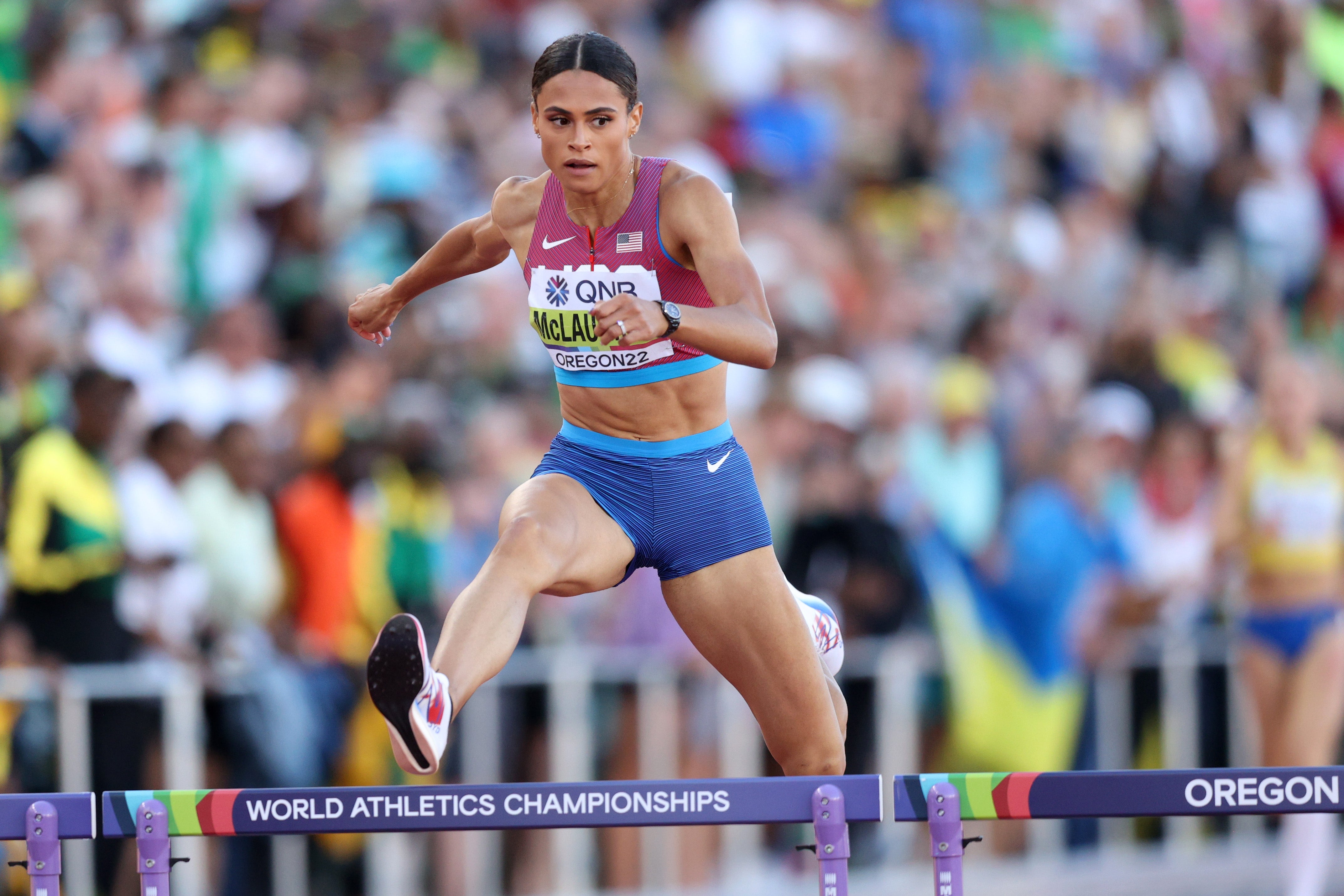 Sydney McLaughlin on her way to gold and another world record in the Women’s 400m hurdles final in Eugene