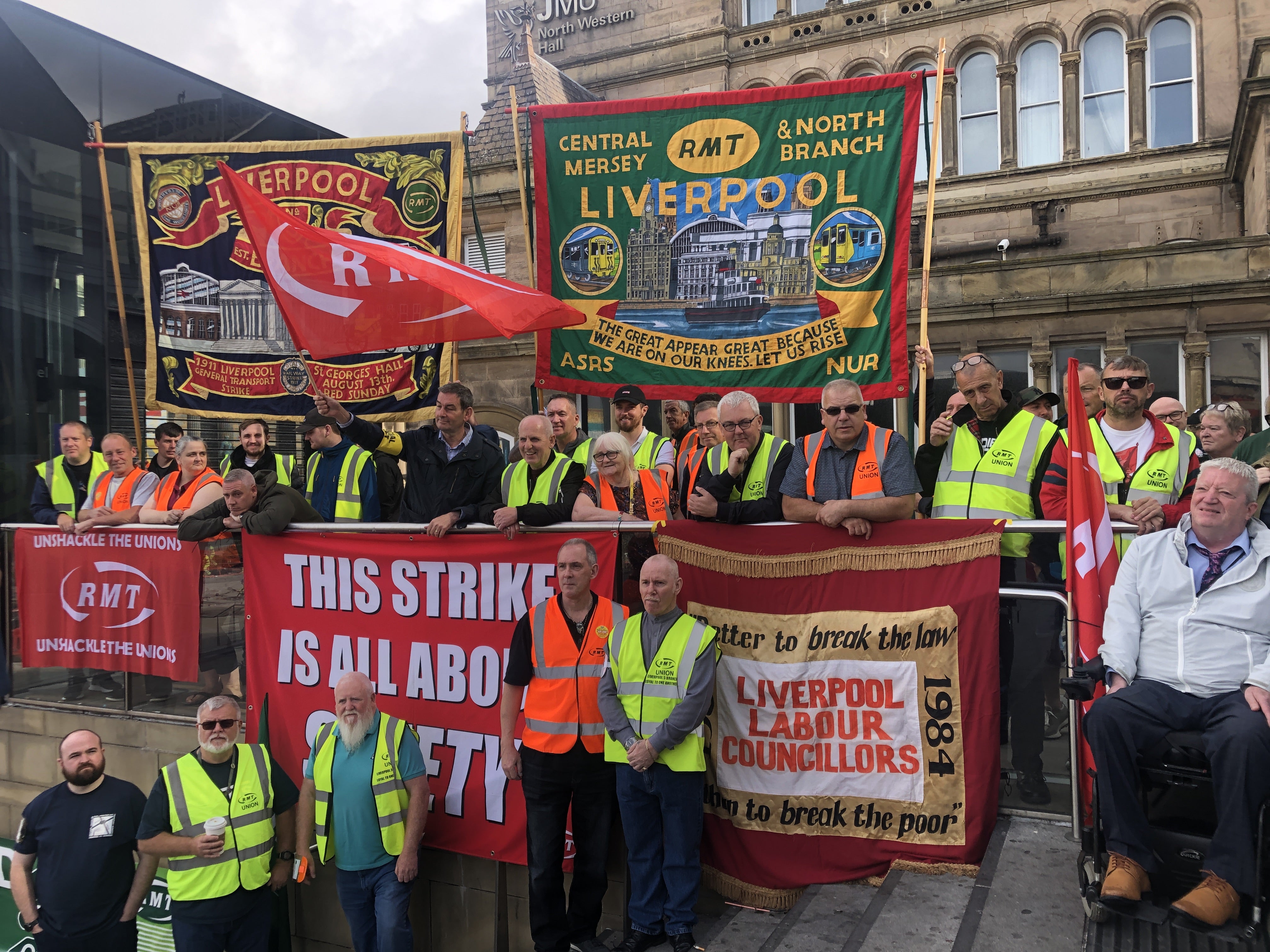 The picket line outside Liverpool Lime Street station as members of the Rail, Maritime and Transport union (RMT) walked out on July 27