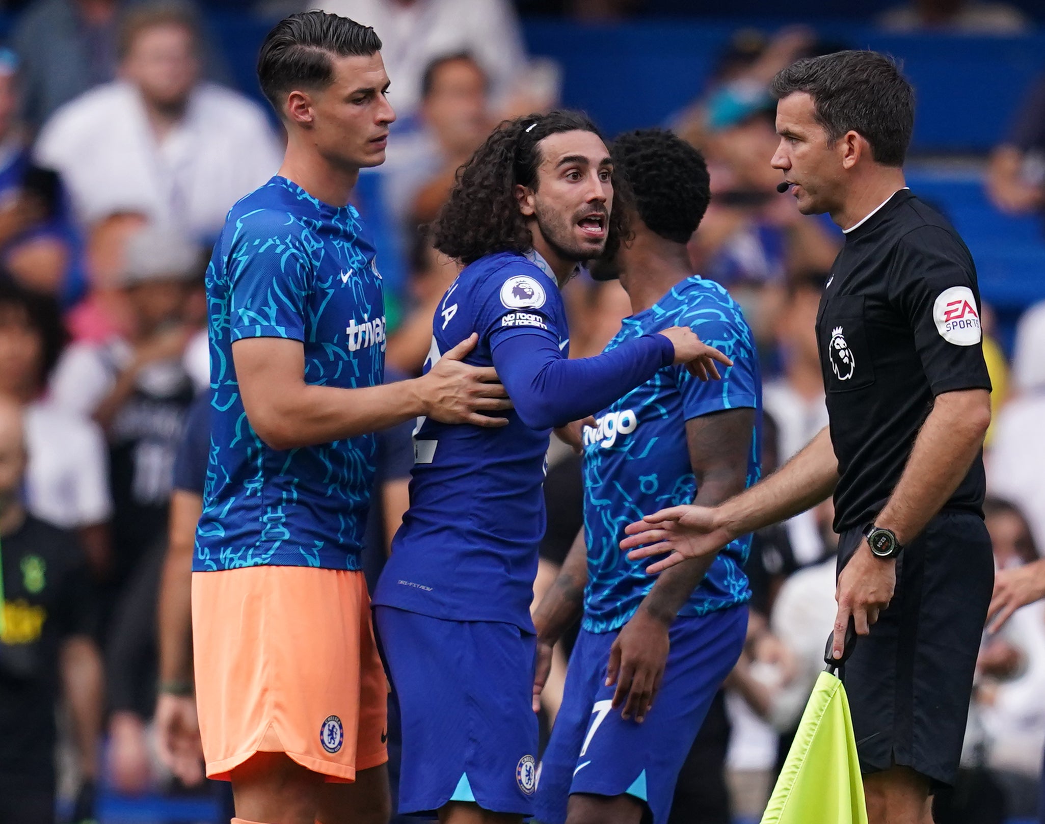 Marc Cucurella, centre, remonstrates with the assistant referee after Chelsea’s 2-2 draw with Tottenham (John Walton/PA)