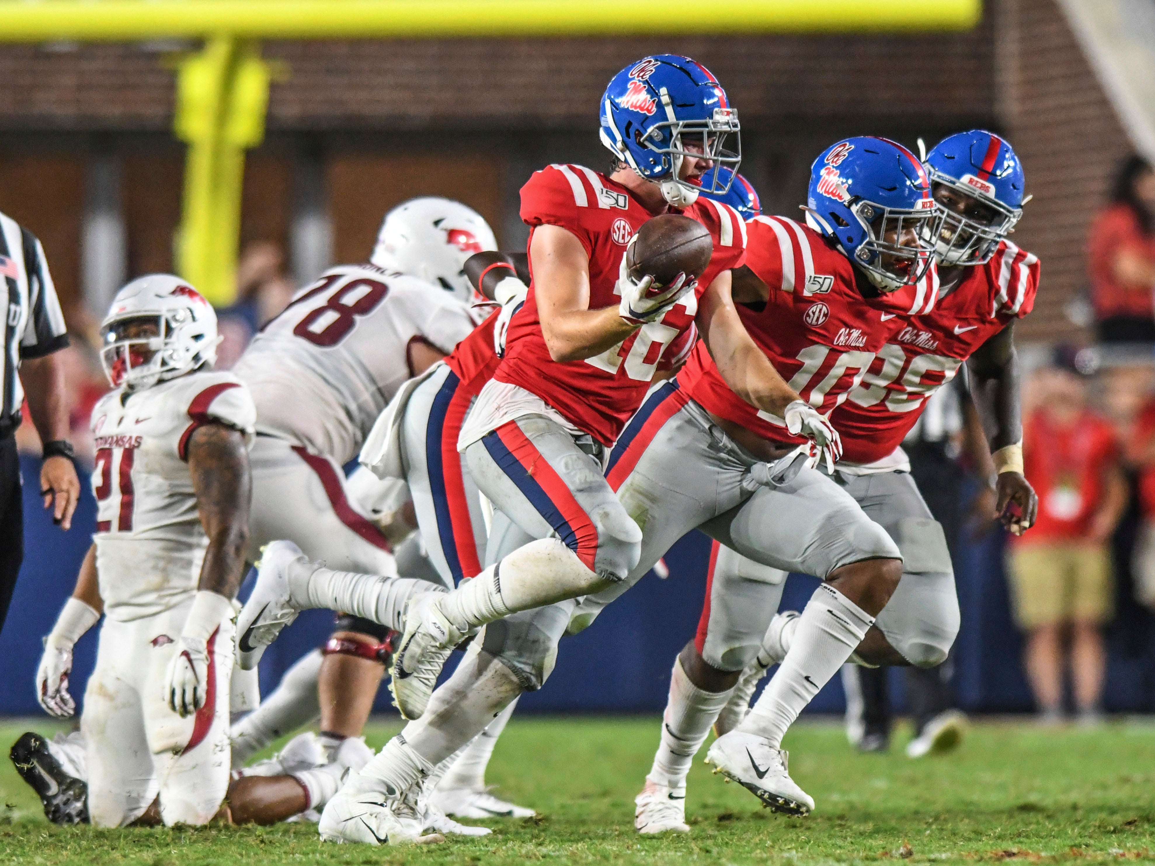 Mississippi linebacker Luke Knox (16) celebrates a fumble recovery against Arkansas during an NCAA college football game Saturday, Sept. 7, 2019, in Oxford, Miss