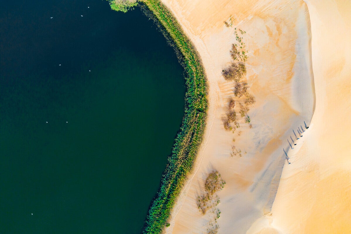 Enjoy nature’s contrasts at Yellow Lake, where golden dunes meet verdant verges and cool waters