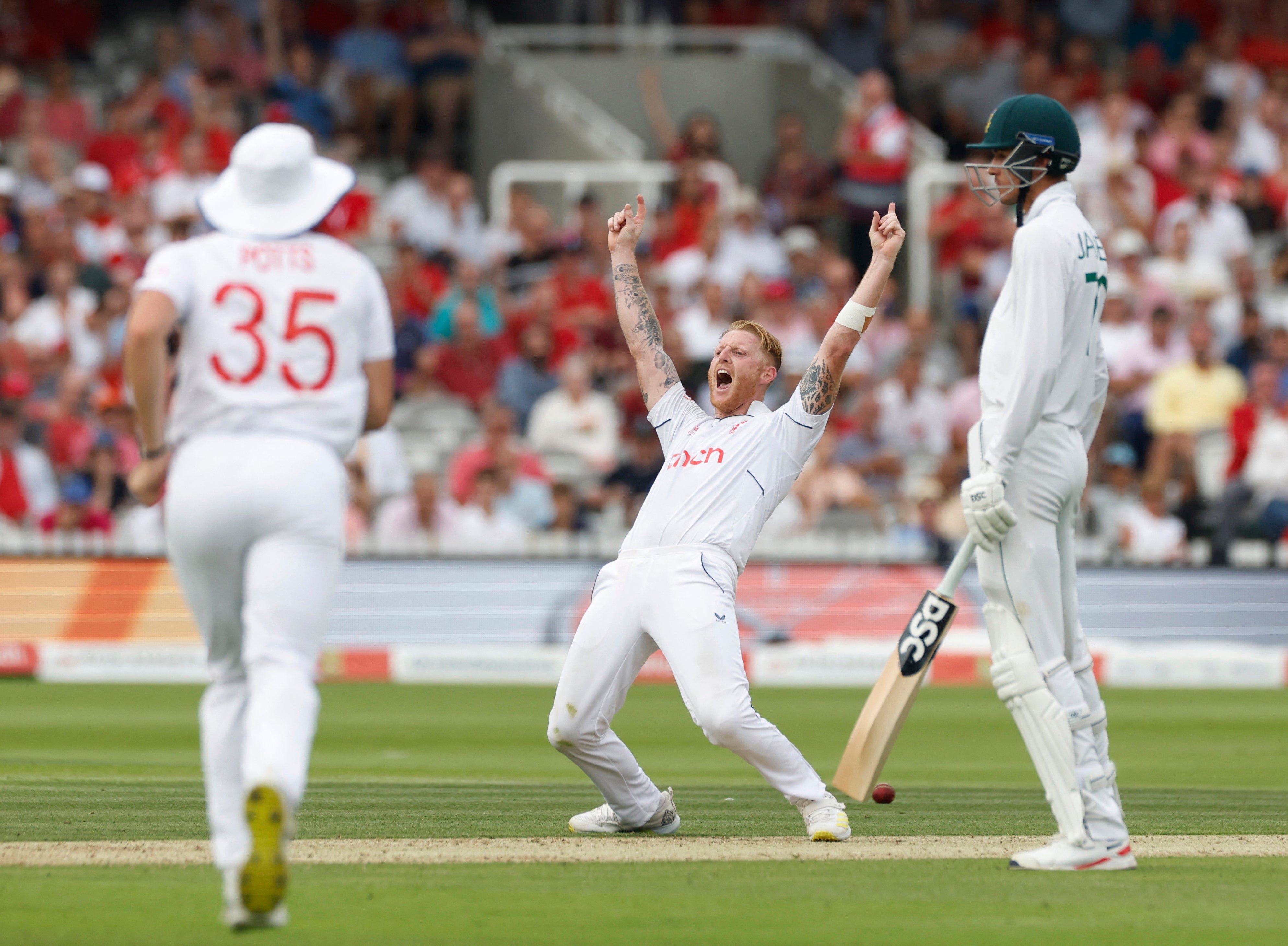 Ben Stokes celebrates taking the wicket of Rassie van der Dussen