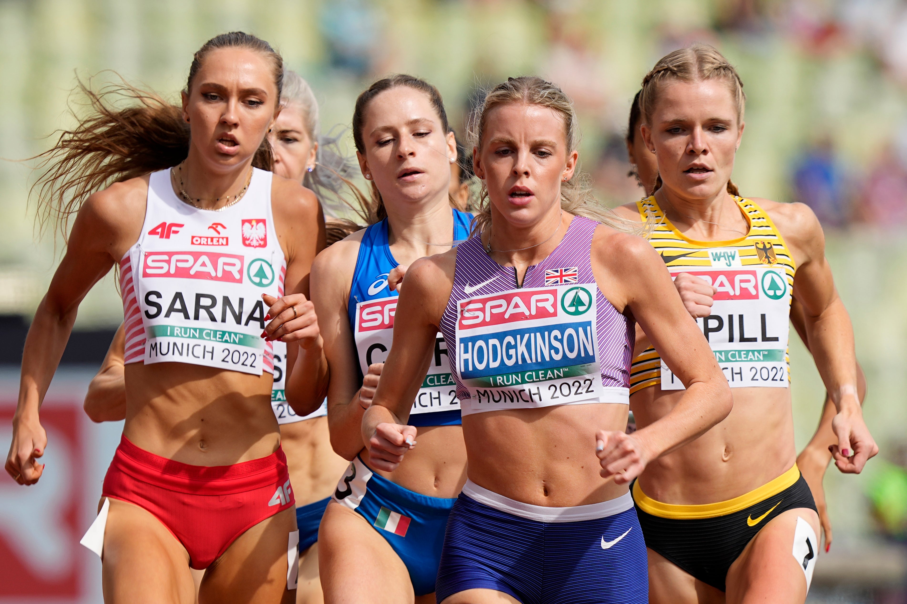 Keely Hodgkinson (centre) produced a composed run in her her (Martin Meissner/AP)