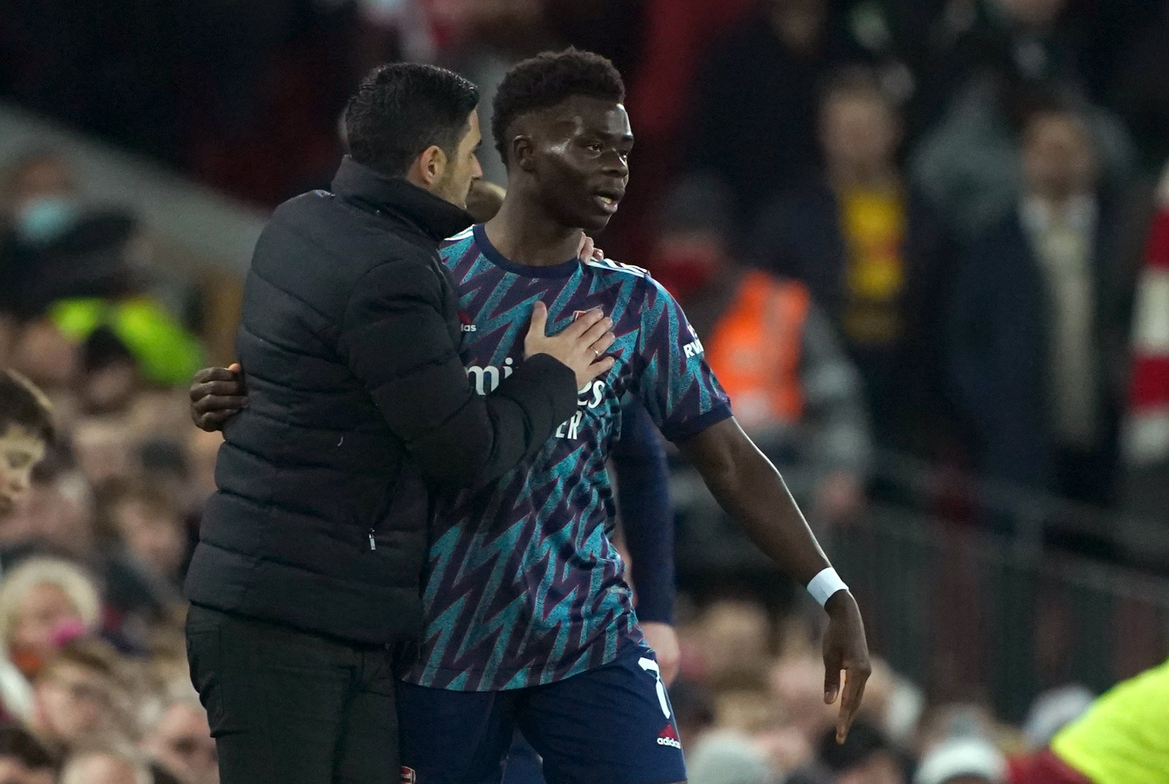 Mikel Arteta is hopeful Bukayo Saka will soon sign a new deal at Arsenal. (Peter Byrne/PA)