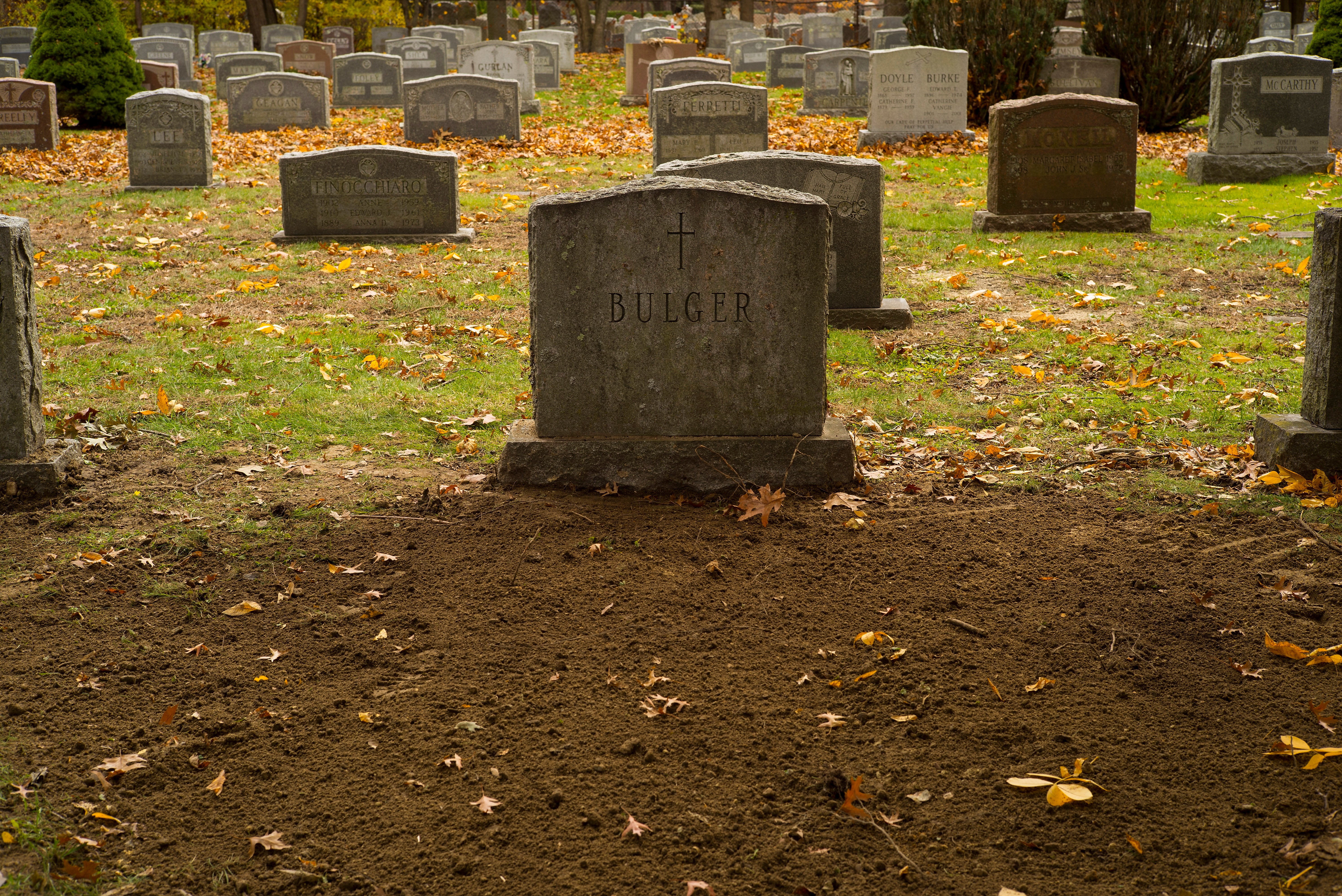 The grave site of James Joseph 'Whitey' Bulger is seen at St Joseph's Cemetery in Boston, Massachusetts