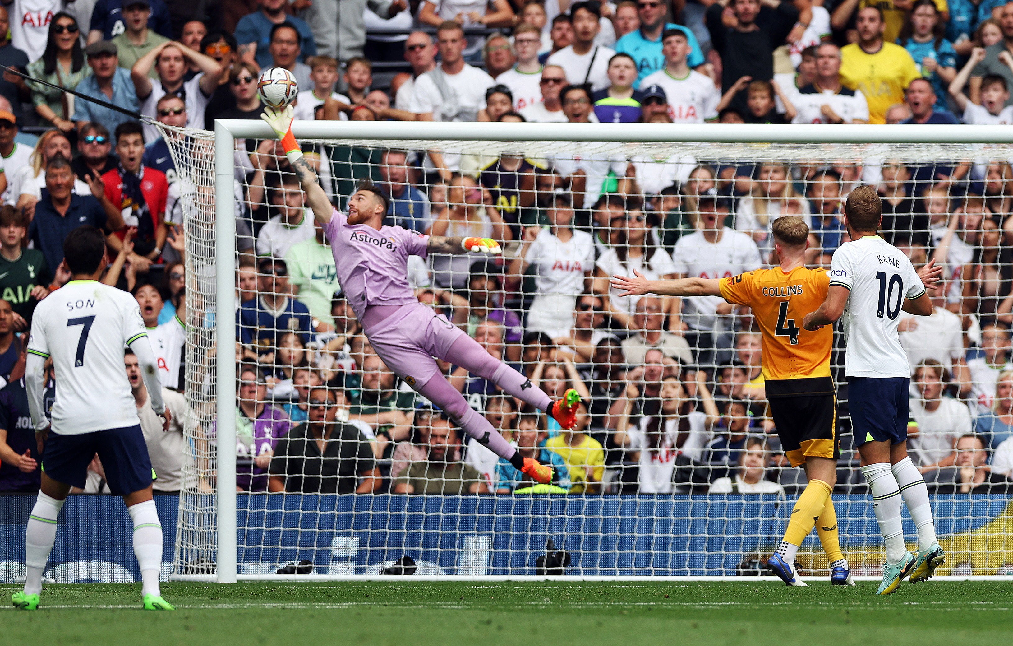 Jose Sa saves well from Kane towards the end of the first half