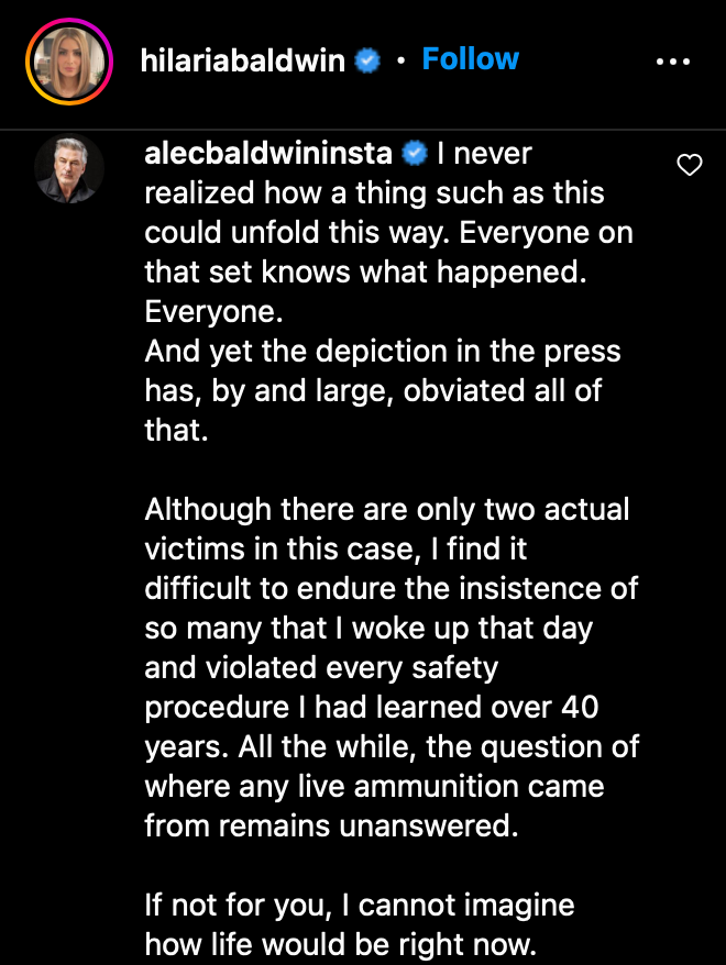 Alec Baldwin commented on the Rust shooting on Instagram