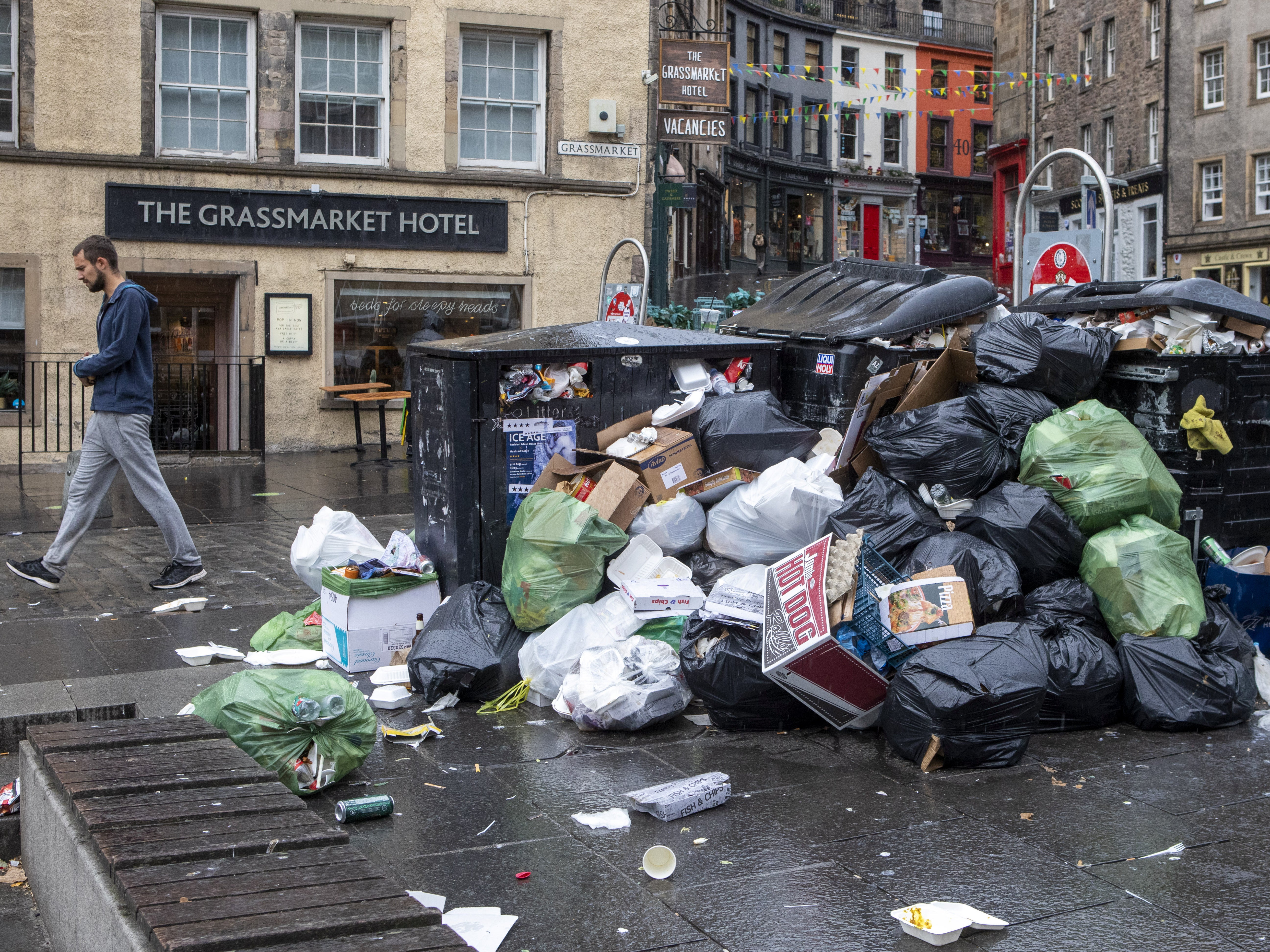 Edinburgh’s Grassmarket on Day Five of the city’s bin strike