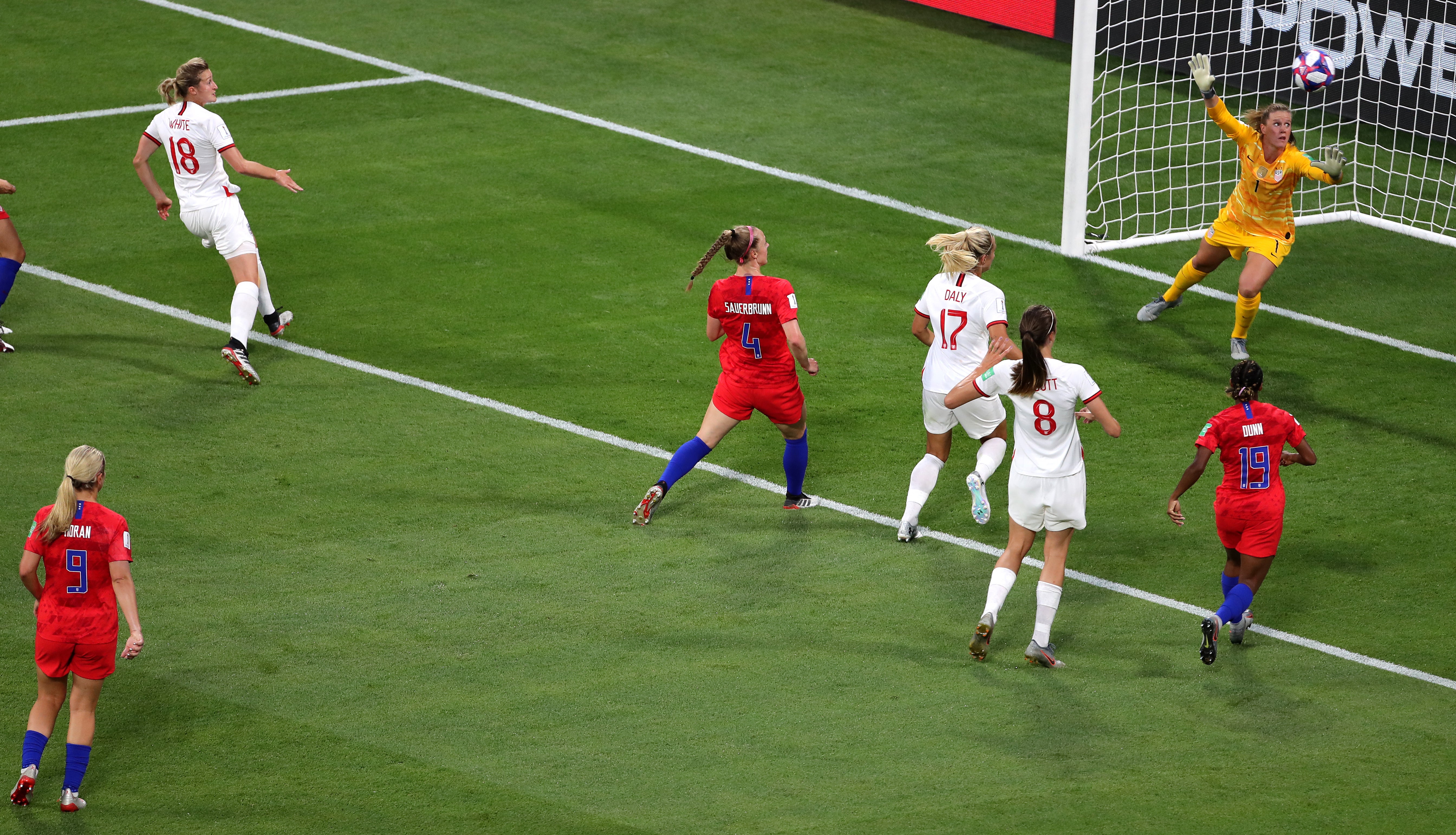 Ellen White scores in the World Cup semi-final (Richard Sellers/PA)