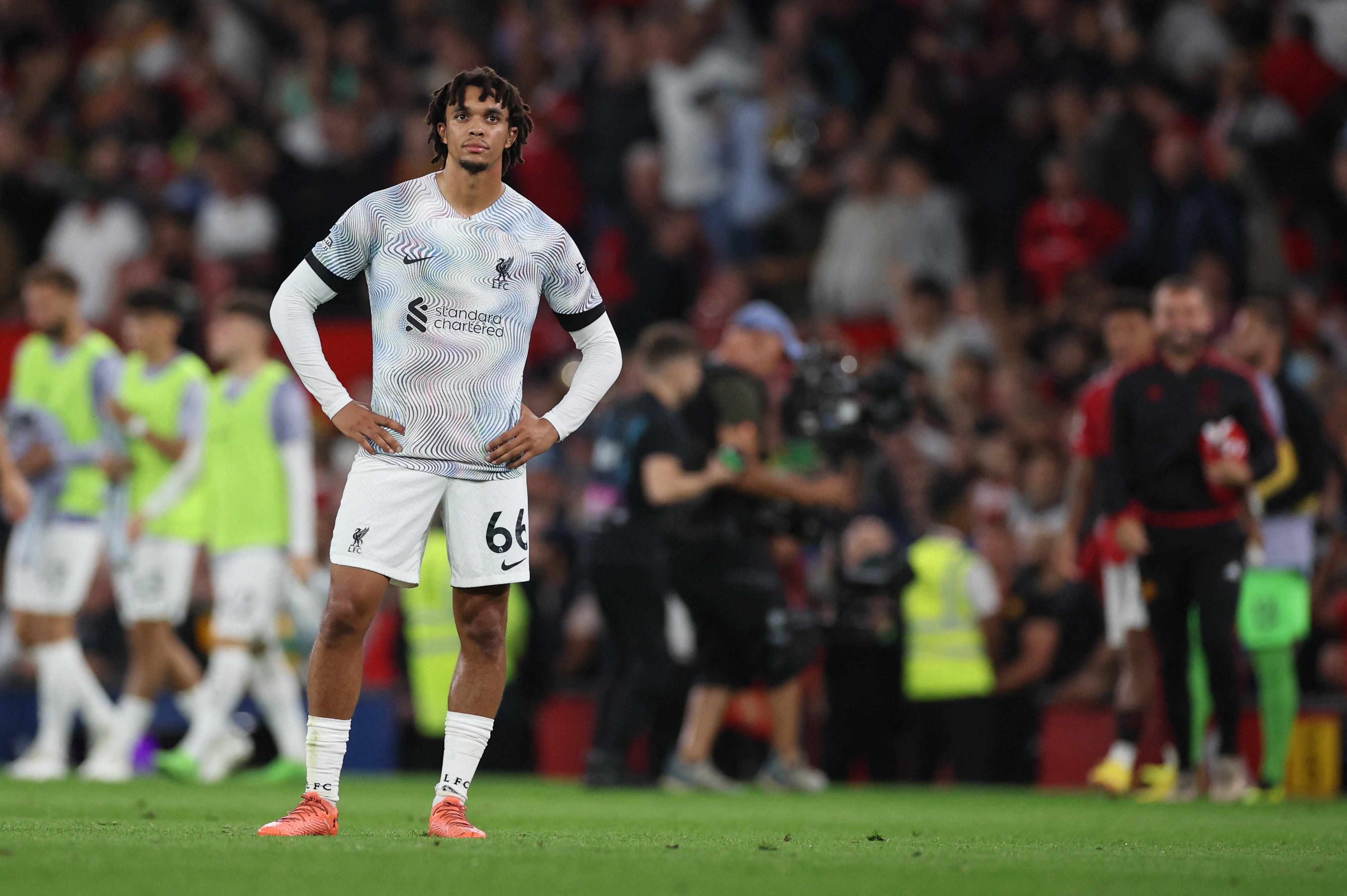 Trent Alexander-Arnold looks on after defeat at Old Trafford