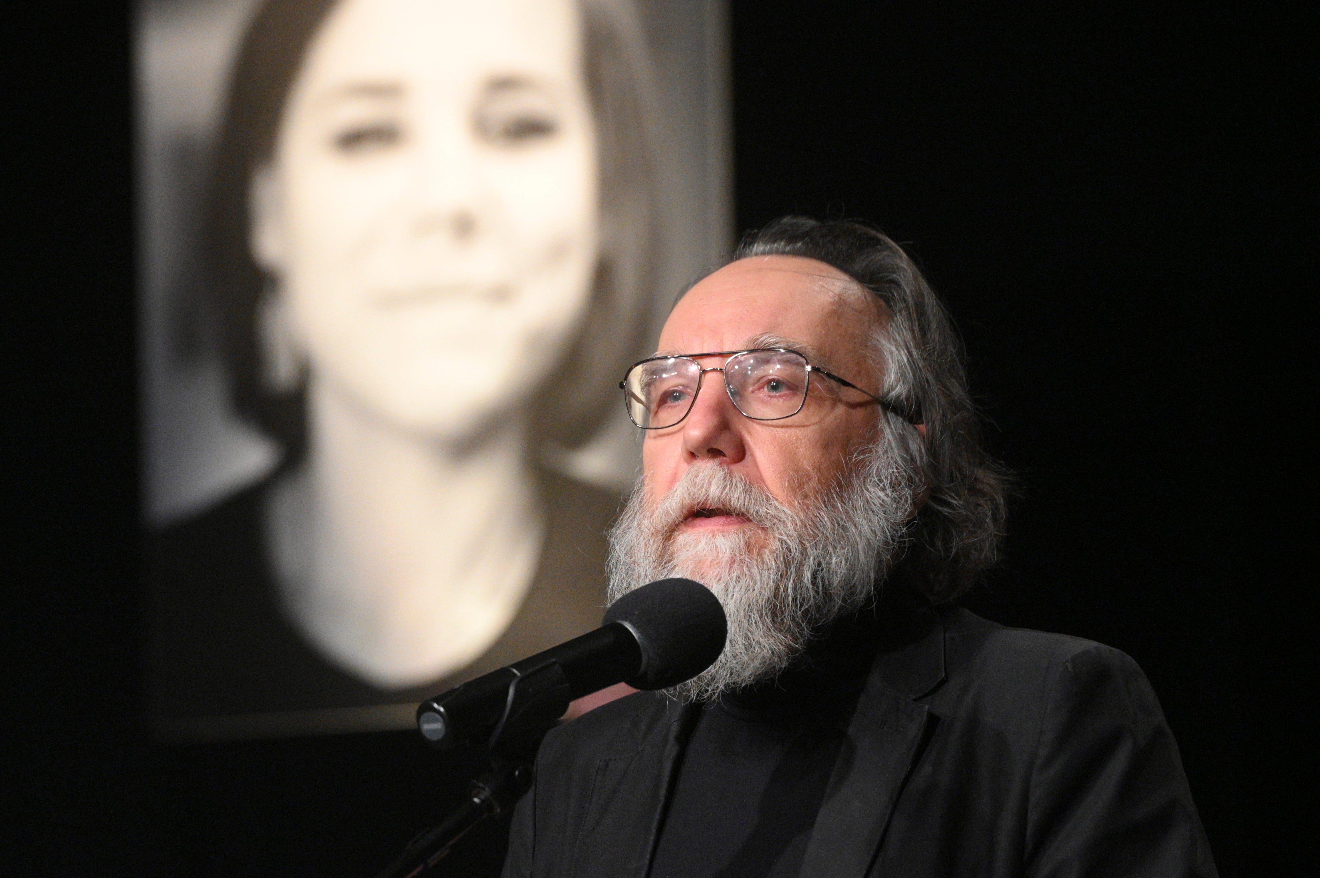 Putin ally Alexander Dugin speaking at a memorial for his daughter