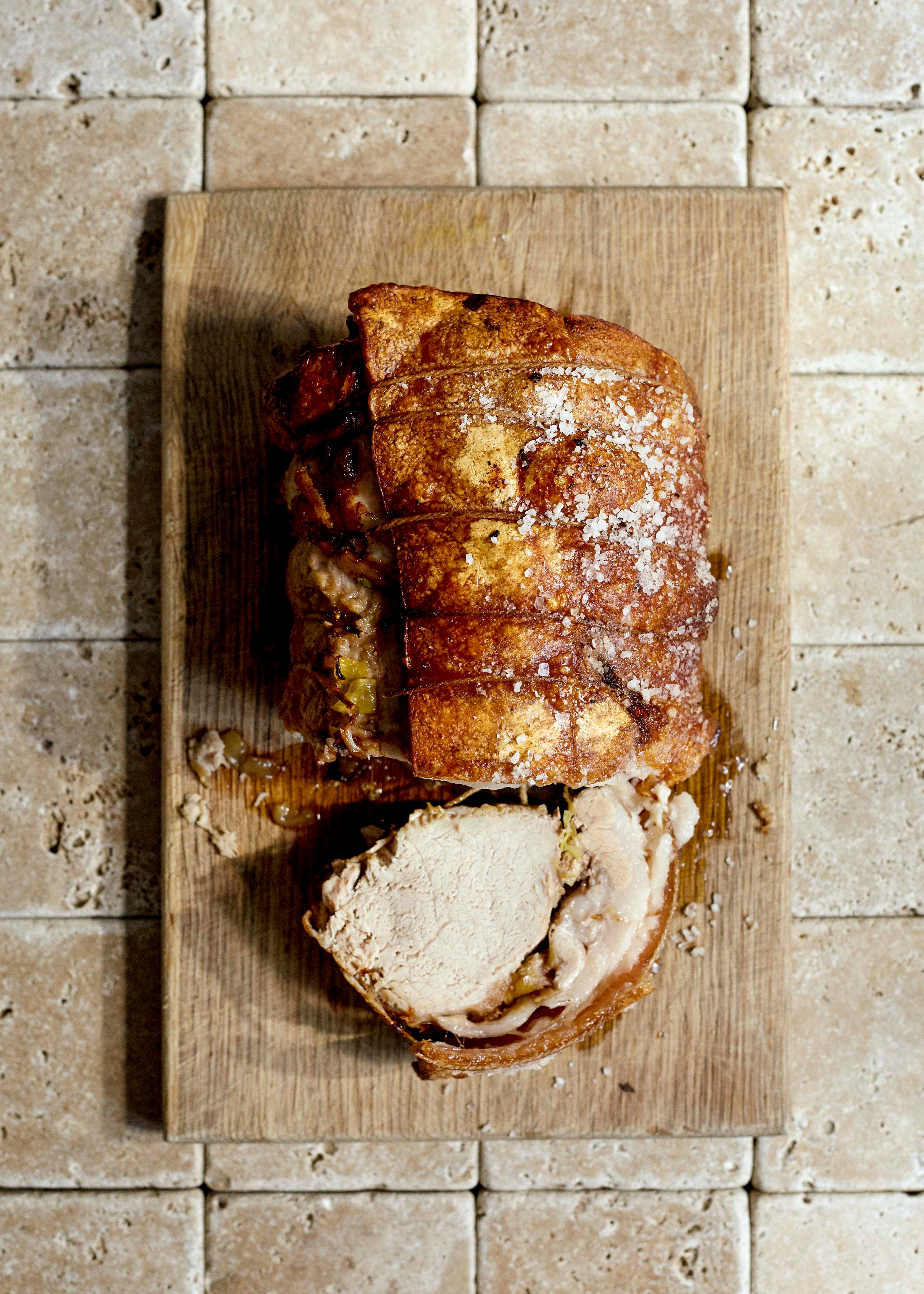 Roast pork with a rich stuffing cut through with honey vinegar