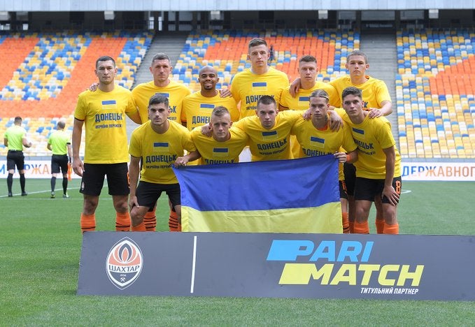 Shakhtar Donetsk’s players ahead of their season opener against Metalist Kharkiv in Kyiv