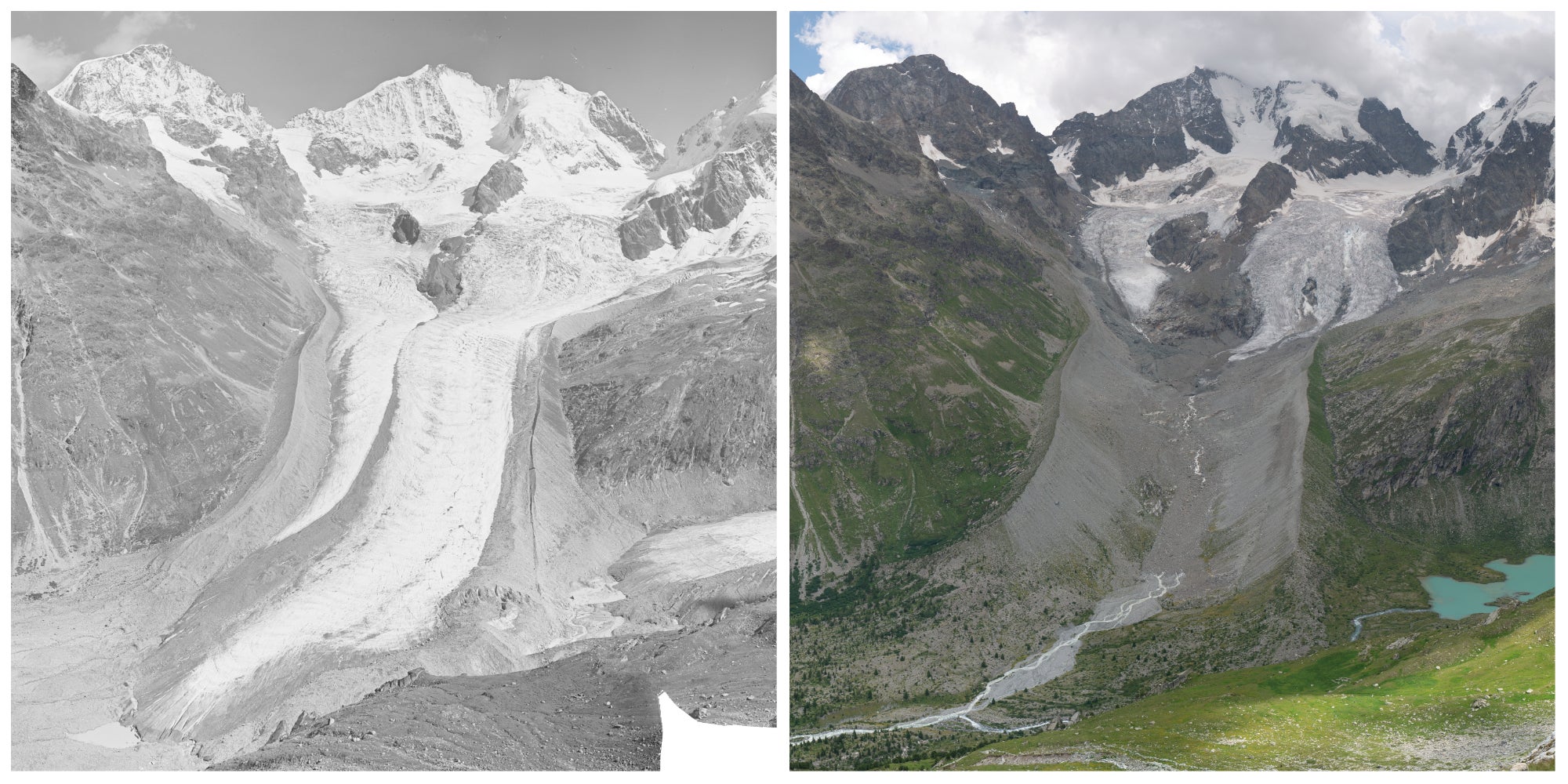 The Roseg and Tschierva glaciers in the Swiss Alps, as seen in 1935 (left) and 2022 (right)