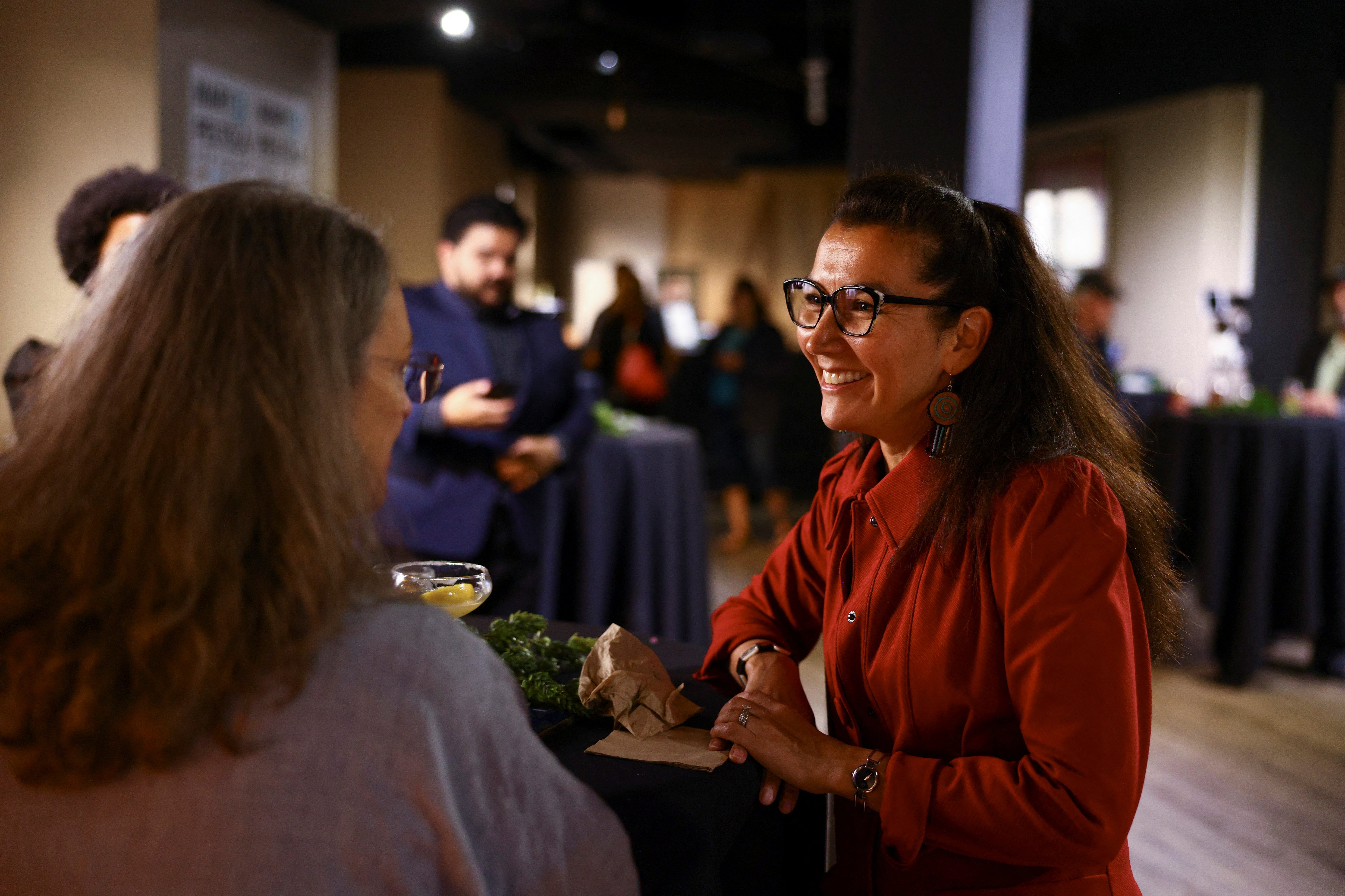 US House candidate Mary Peltola reacts at her campaign party at 49th State Brewing in Anchorage, Alaska, U.S. August 16, 2022