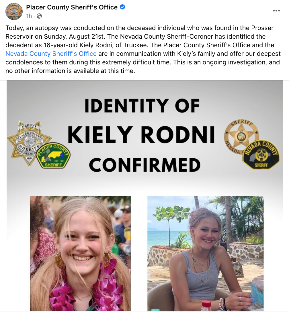 Authorities have confirmed that the remains found on Sunday belong to Kiely Rodni