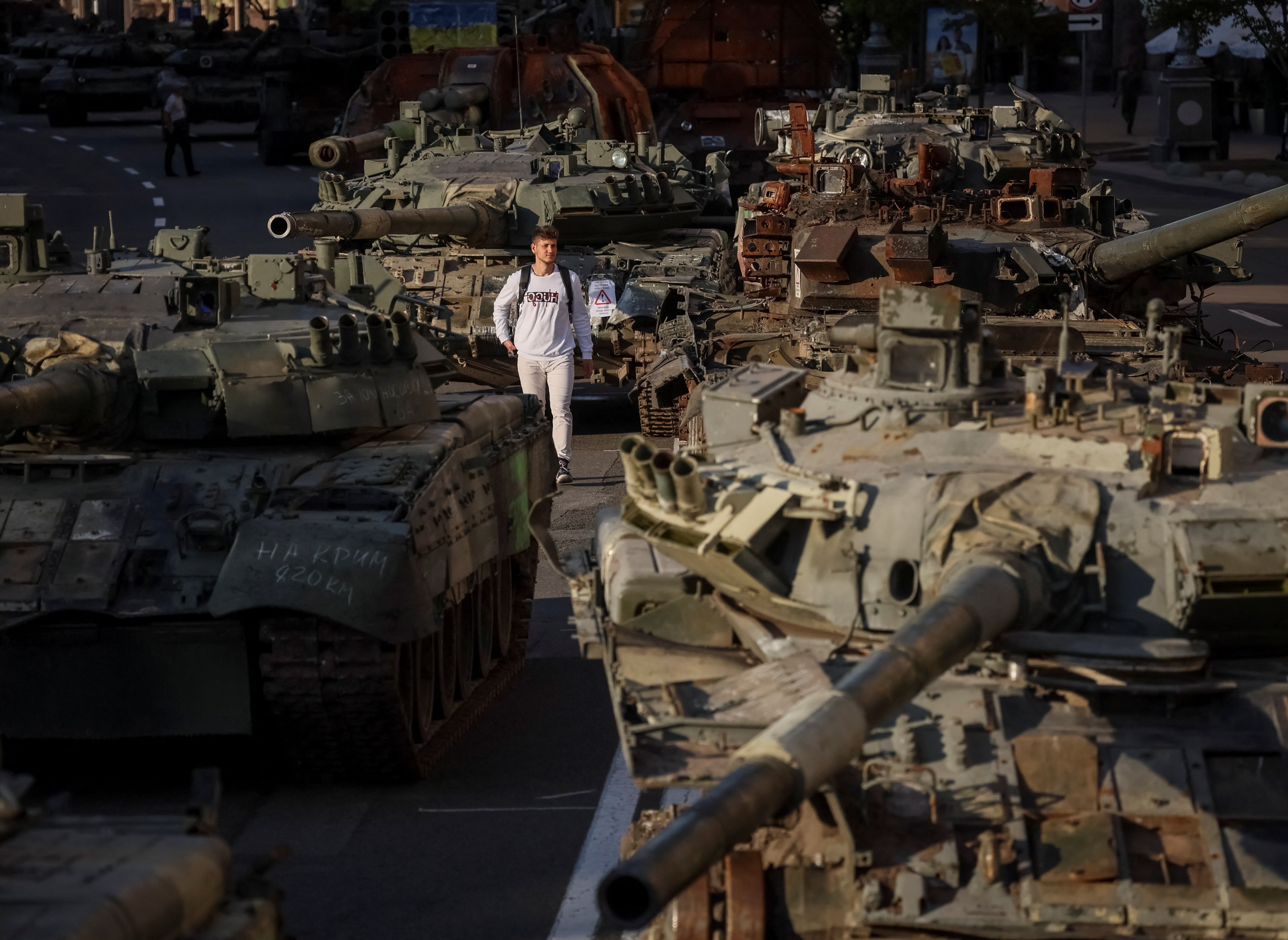 Destroyed Russian military vehicles are located on the main street Khreshchatyk to mark Independence Day