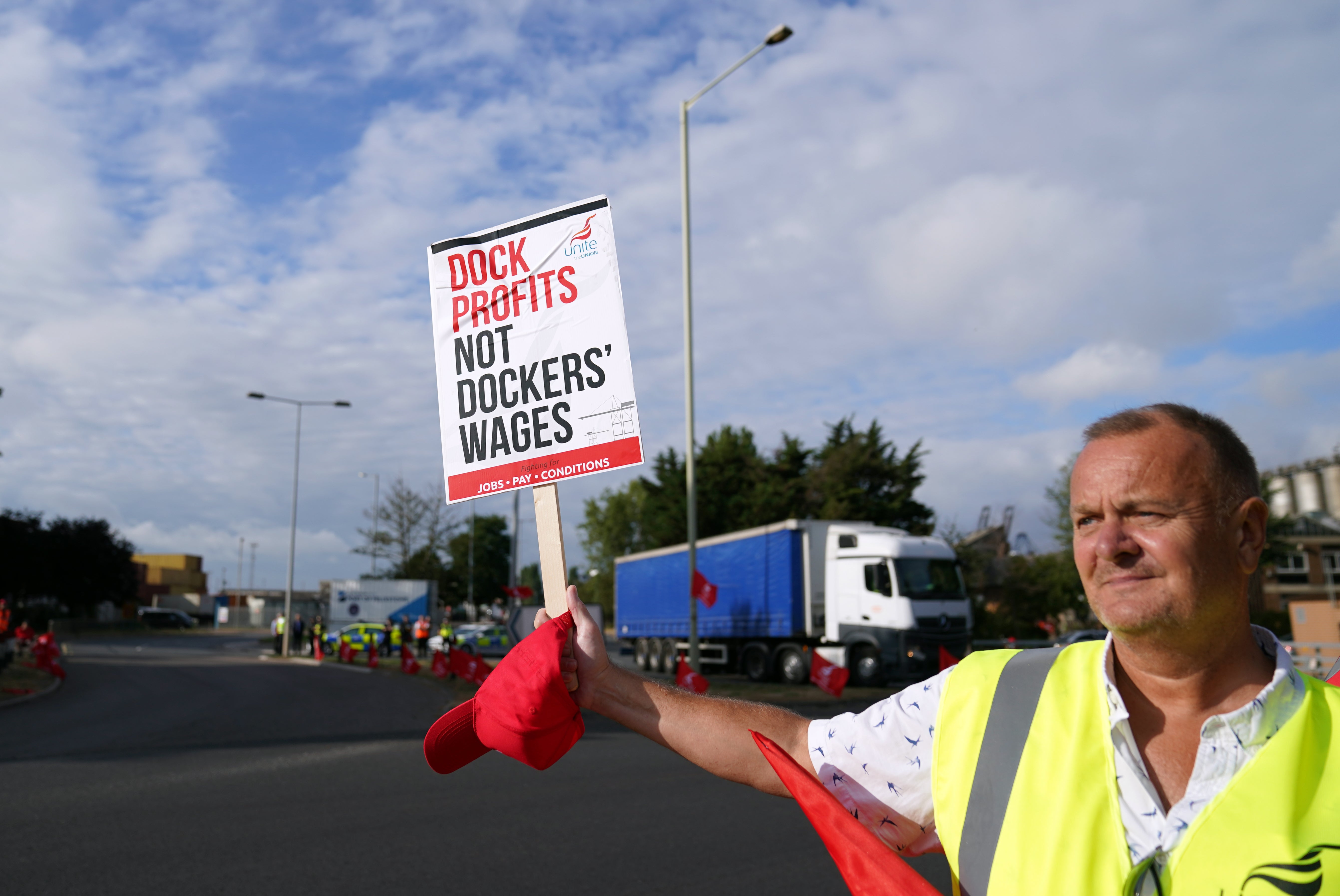 Members of the Unite union on a picket line at one of the entrances to the port