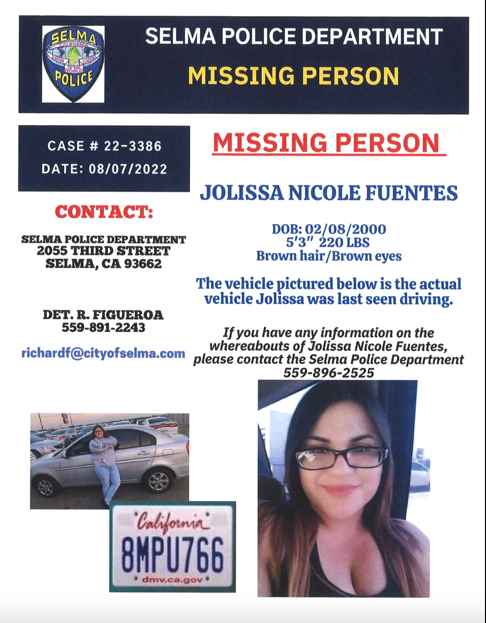 A missing persons poster shows Jolissa’s face and information