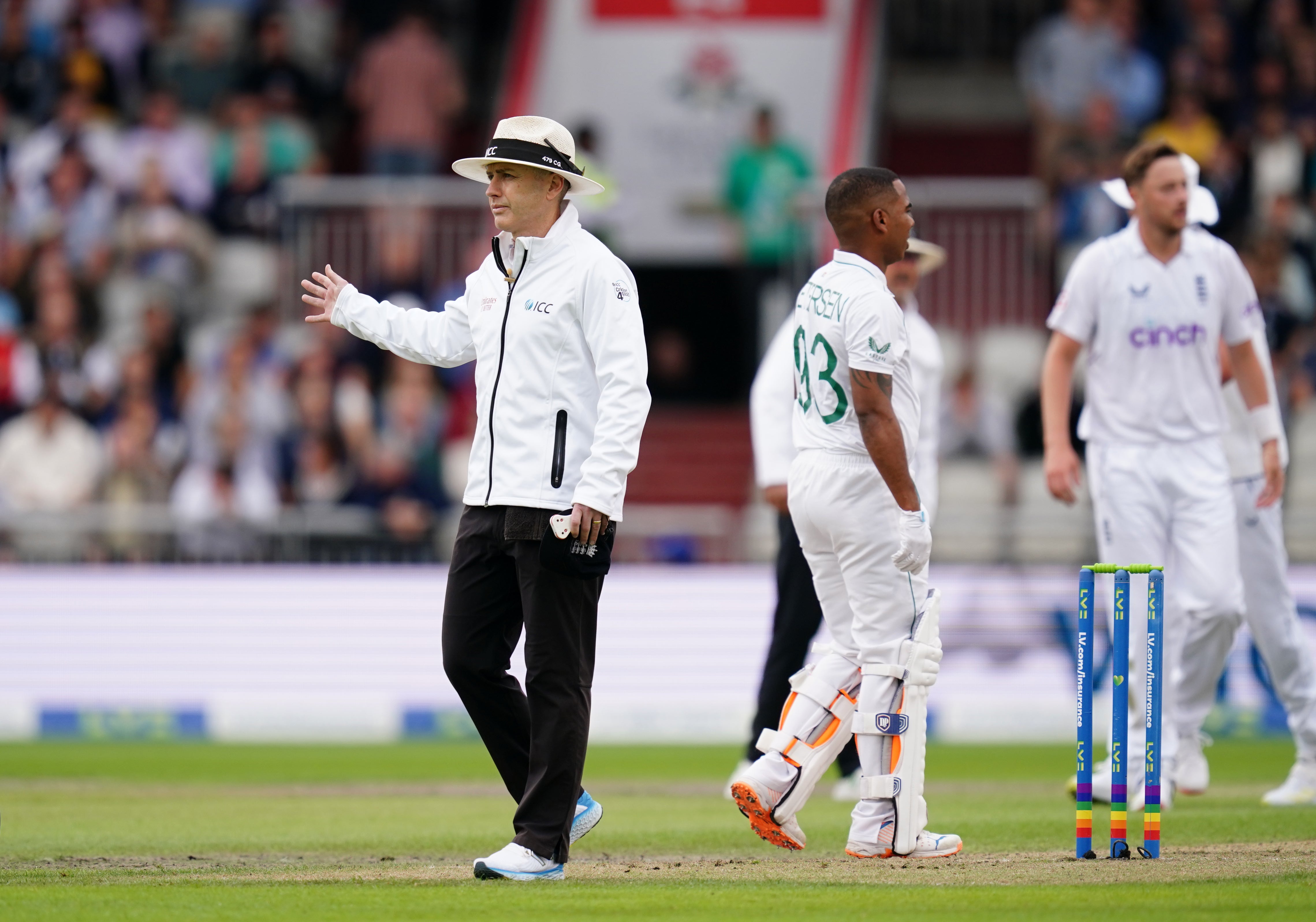 Ollie Robinson paid for this no-ball, signalled by umpire Chris Gaffney (David Davies/PA)