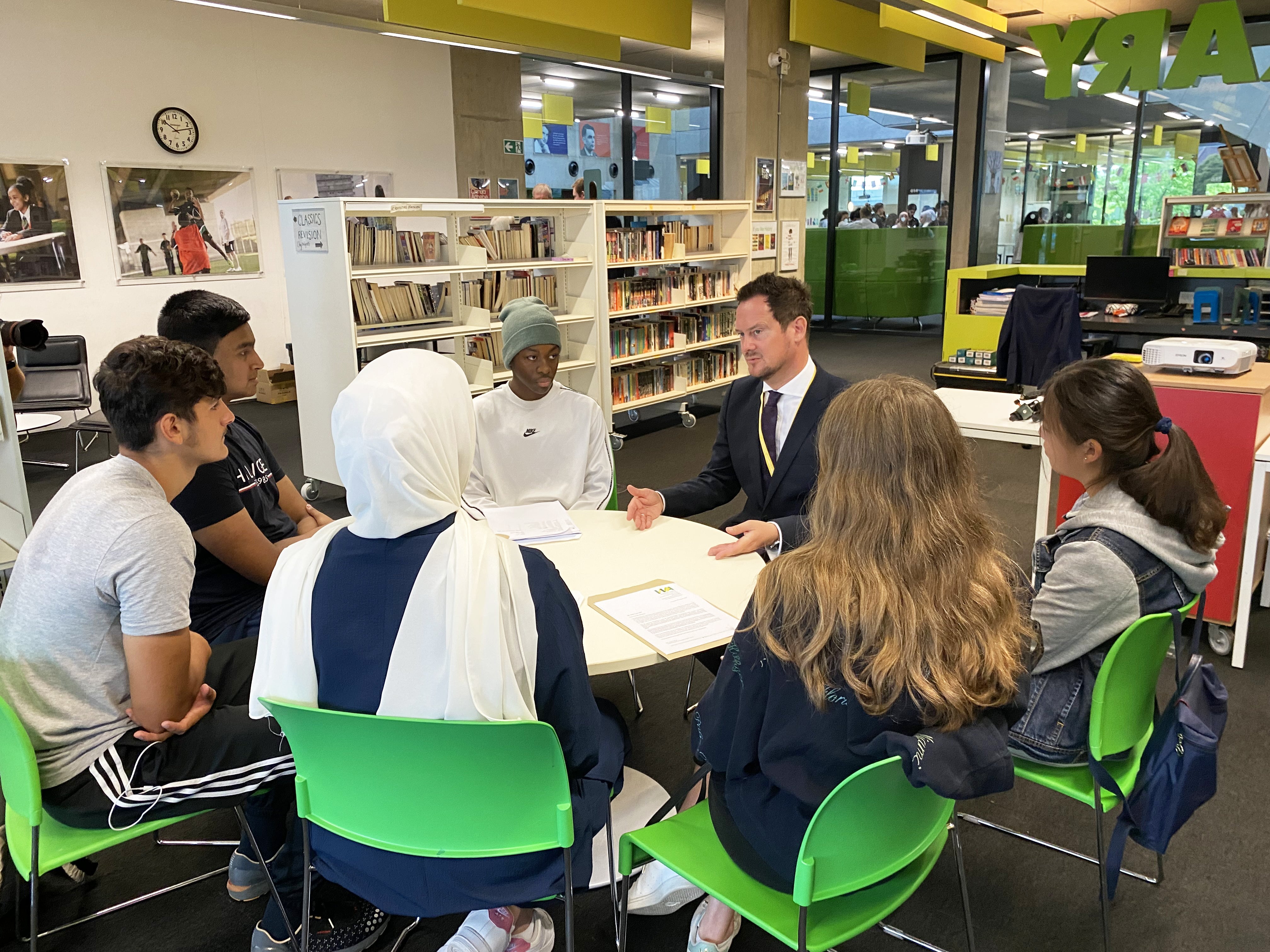 Stephen Morgan MP, Labour’s shadow schools minister, speaks to students at Westminster Academy (Claudia Rowan/PA)