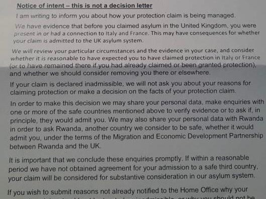 A ‘notice of intent’ issued by the Home Office to an asylum seeker in a hotel on 12 August