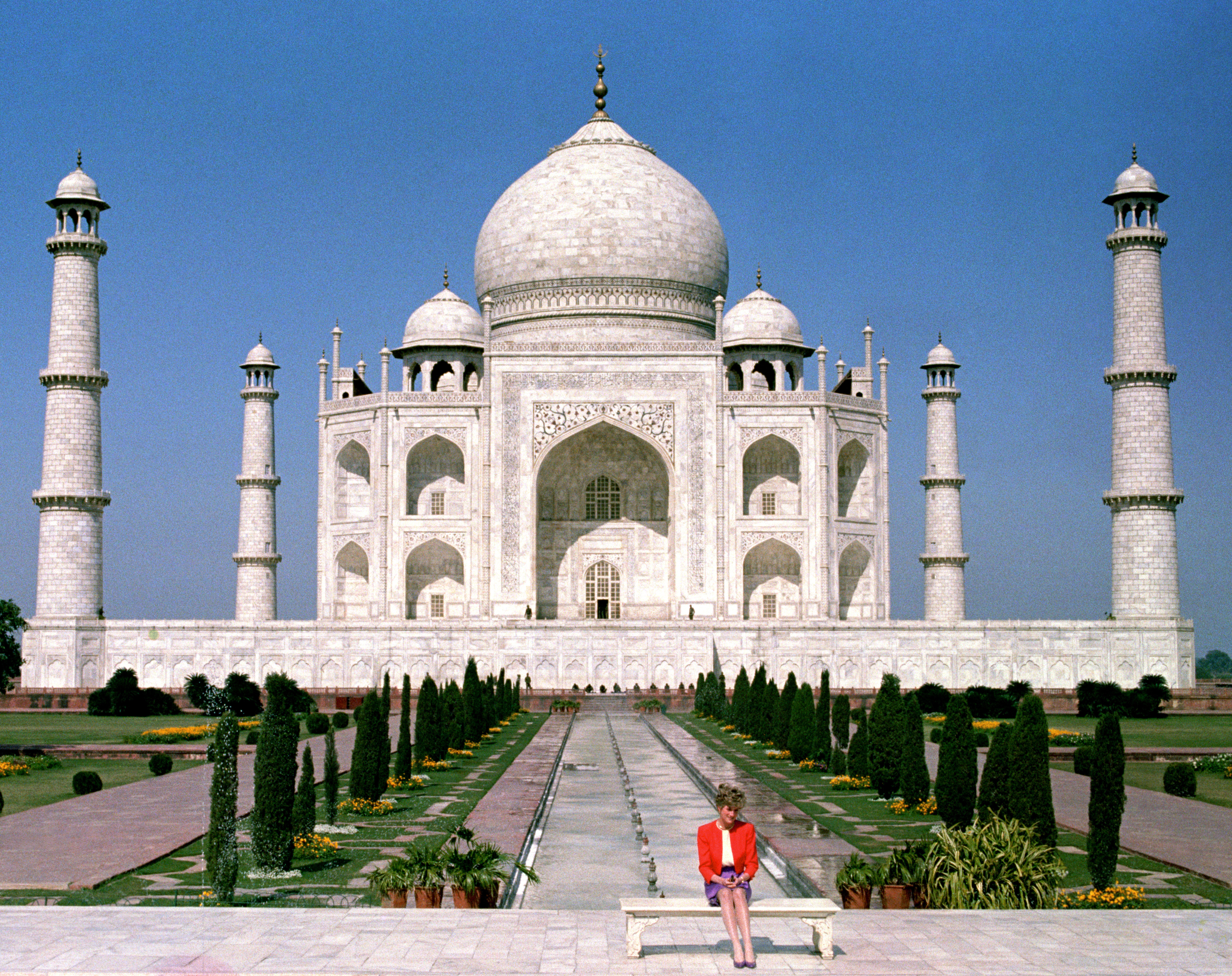 The Princess of Wales sat alone in front of the monument to love, the Taj Mahal, during a royal tour of India in 1992