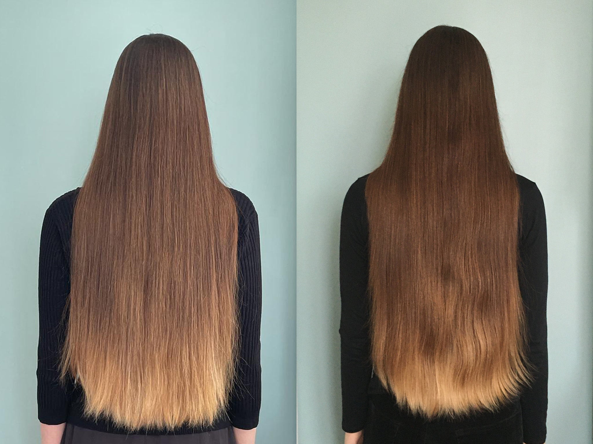 We hadn’t styled or blow-dried our hair in the before (left) or after (right) shot