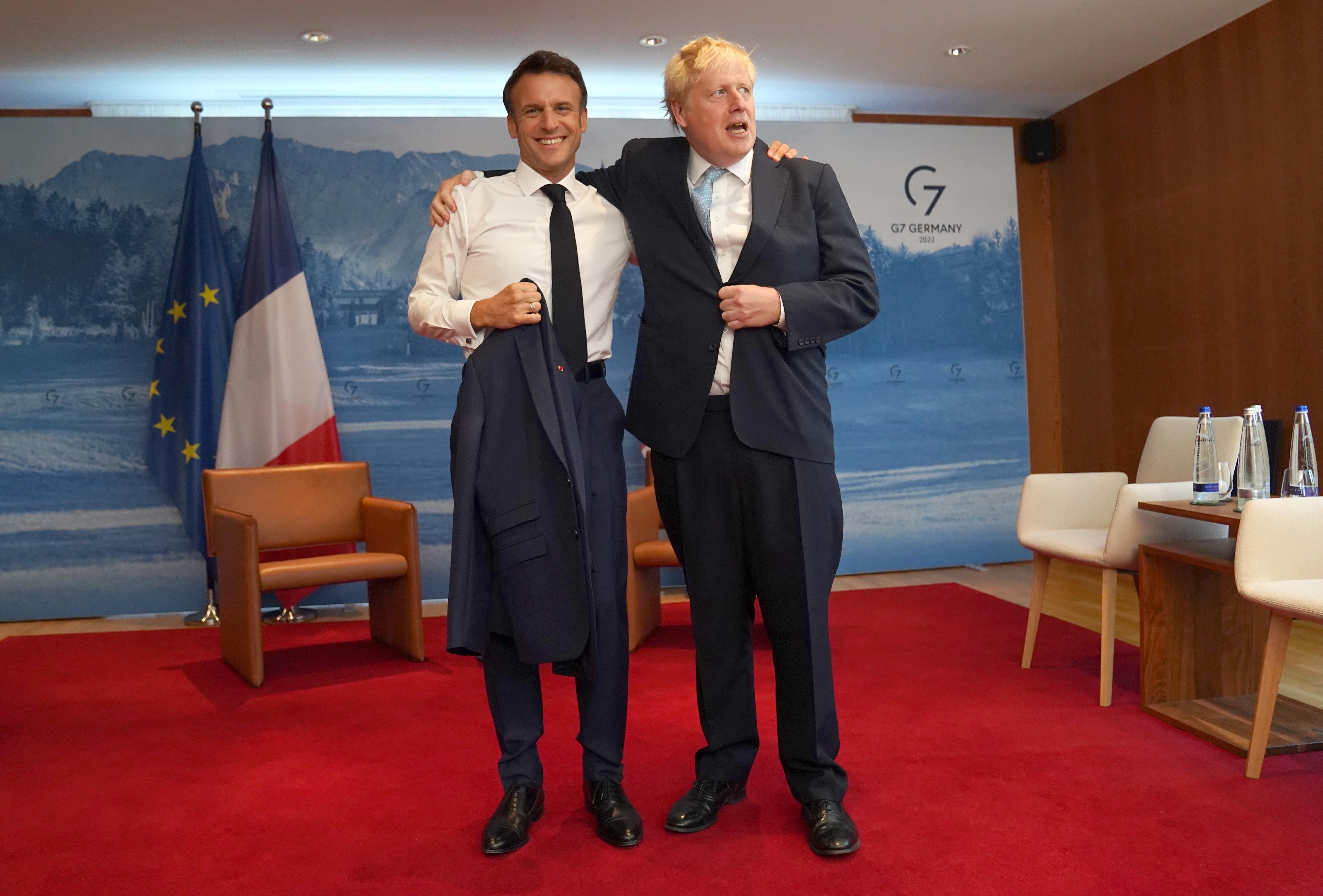 Prime Minister Boris Johnson greets French President Emmanuel Macron ahead of their bilateral meeting, during the G7 summit in Germany. The French premier said that the UK was a friend of his country, despite the comments of Liz Truss (Stefan Rousseau/PA)