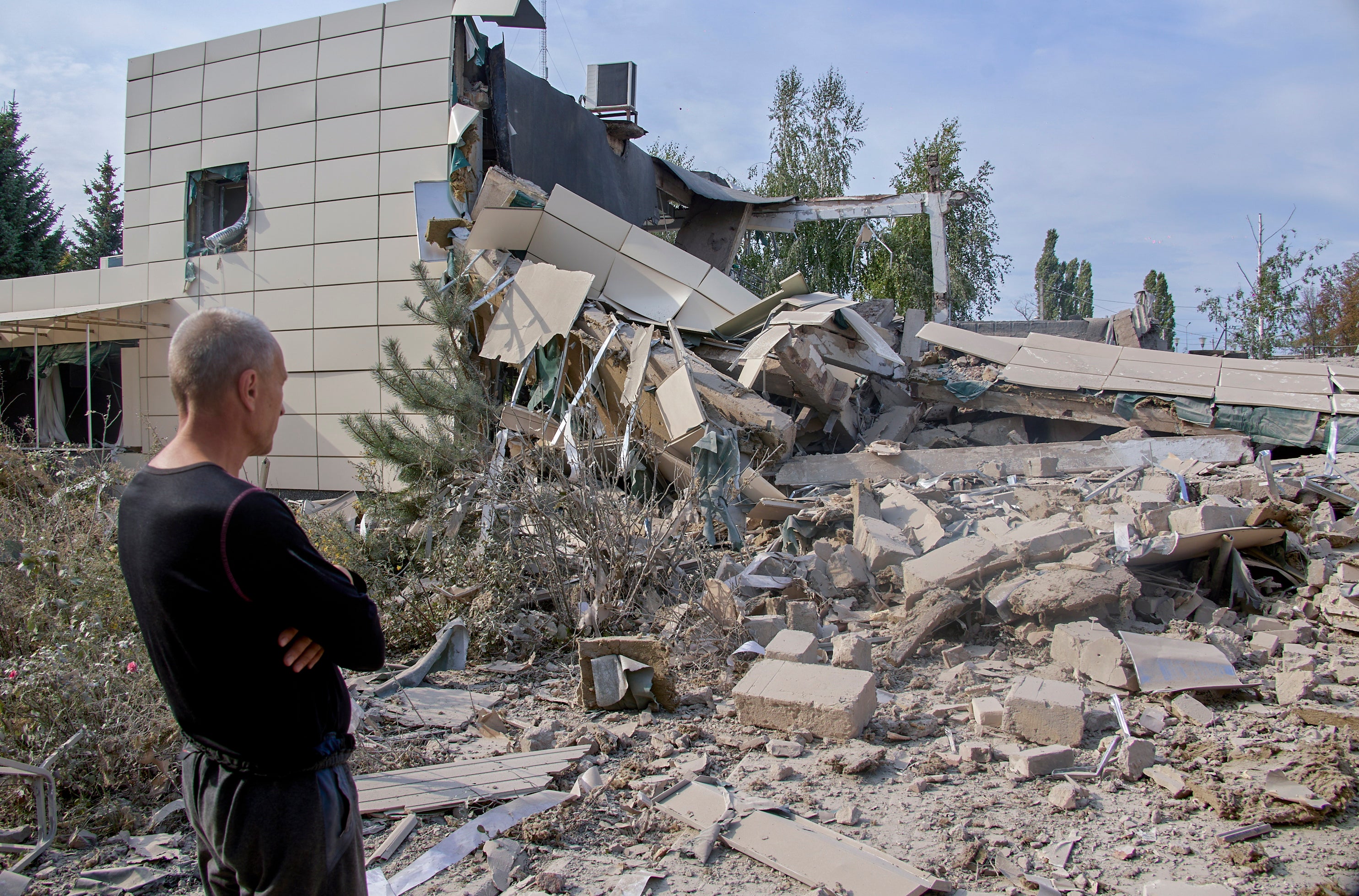 The aftermath of shelling in the small city of Derhachi near Kharkiv on Friday