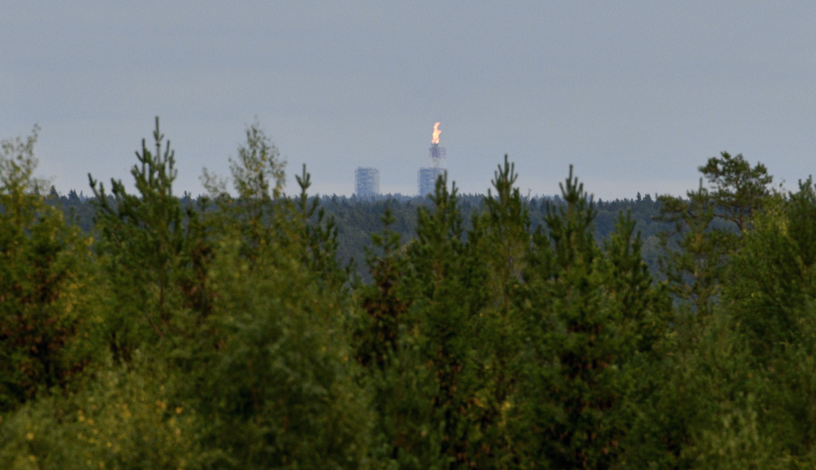 Russia burns gas at the Portovaya compression station in Russia. Picture taken from aerial surveillance tower of Pyterlahti in Virolahti, Eastern Finland on 26th August, 2022