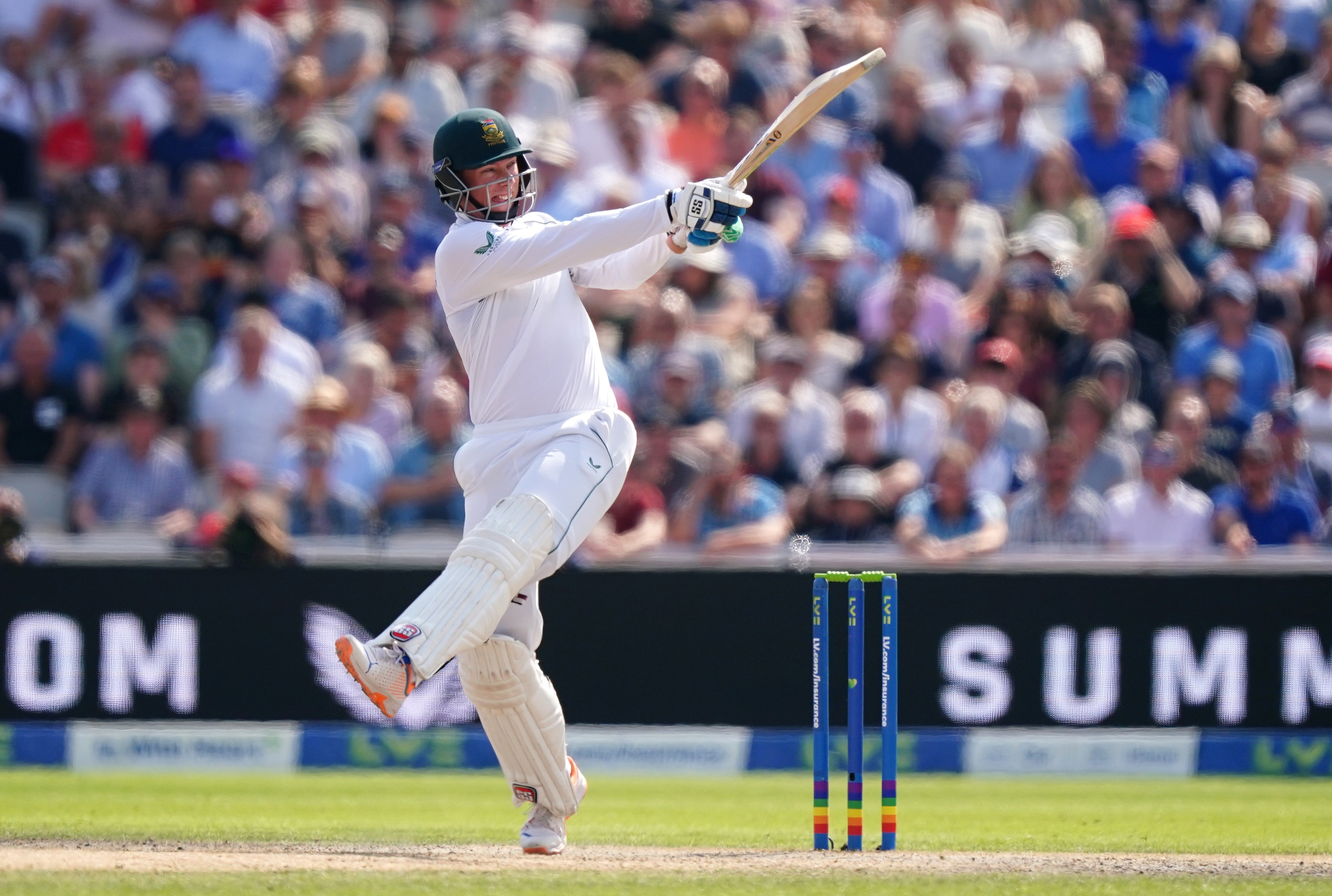 Rassie van der Dussen (pictured) and Keegan Petersen dug in for South Africa after England took three morning wickets on day three of the second Test at Old Trafford (Mike Egerton/PA Images).