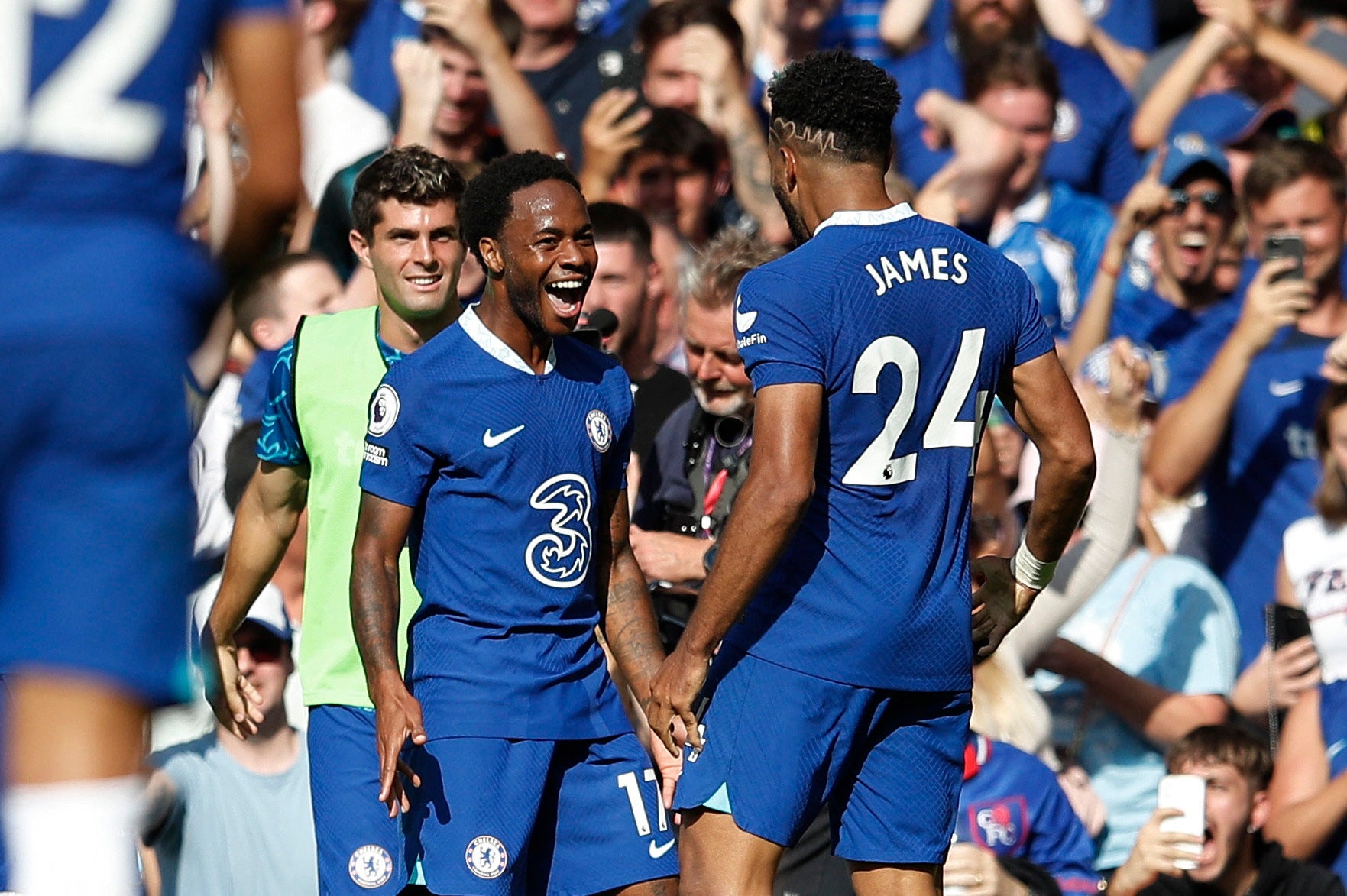 Chelsea's Raheem Sterling celebrates scoring their second goal with Reece James