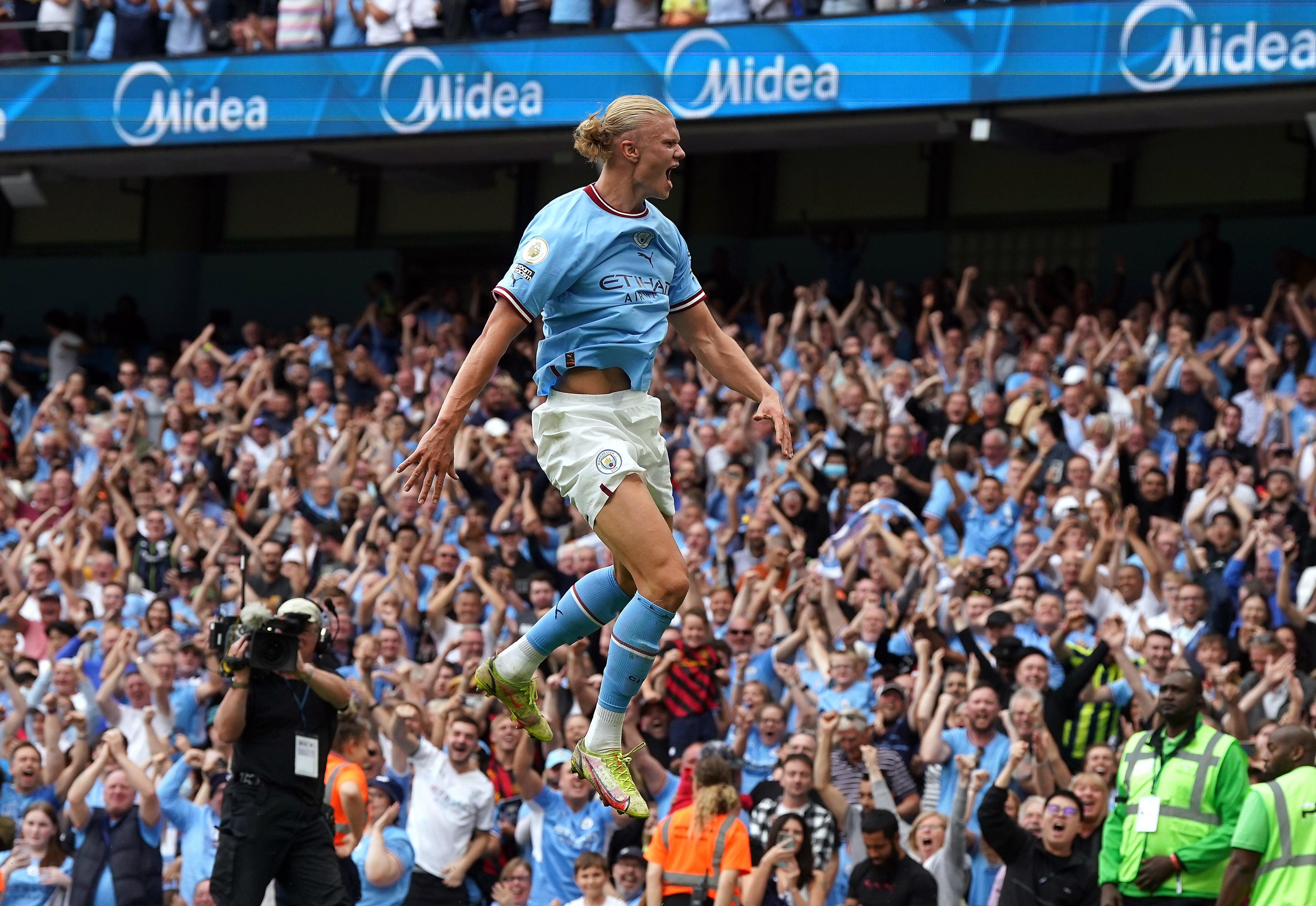 Erling Haaland celebrates his hat-trick (Nick Potts/PA)