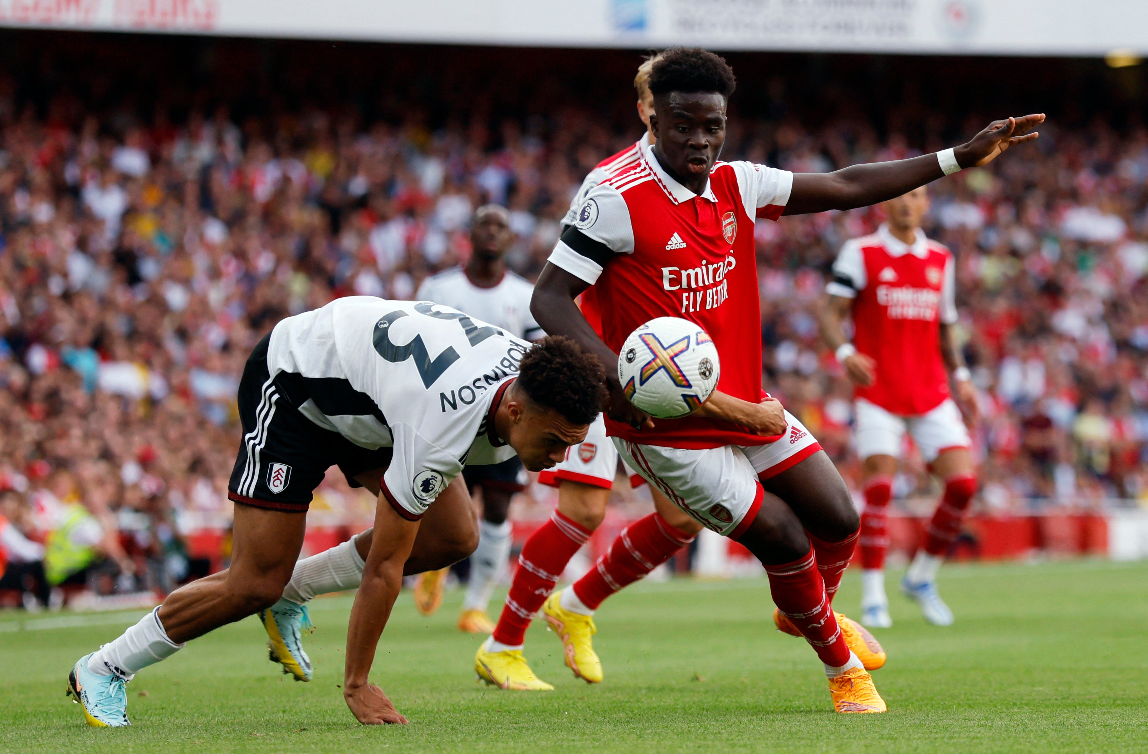 Bukayo Saka was denied by Bernd Leno in the first half