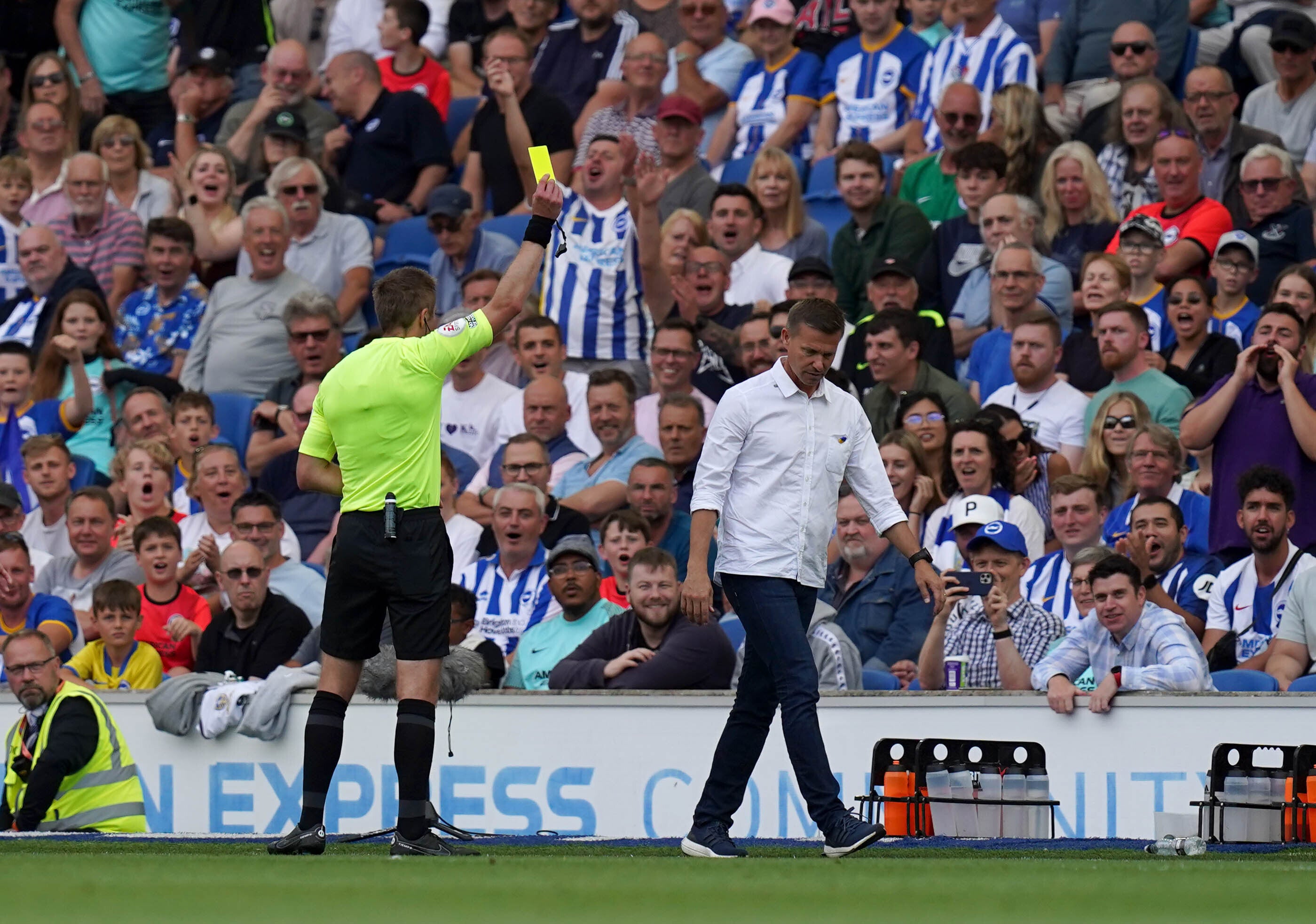 Jesse Marsch was booked by the referee during Leeds’ defeat at Brighton (Gareth Fuller/PA)