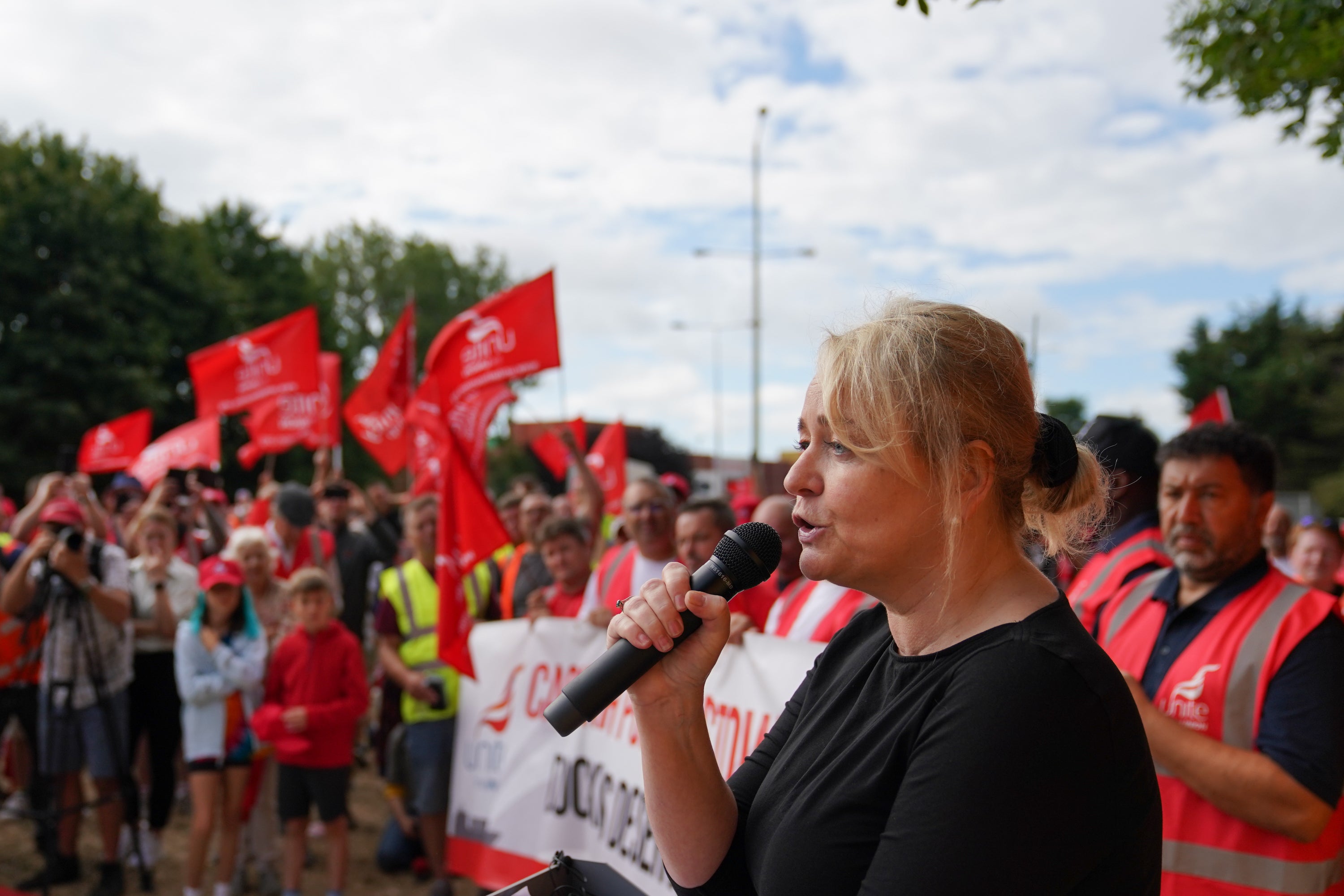 Unite general secretary Sharon Graham speaks to members on a picket line (Joe Giddens/PA)