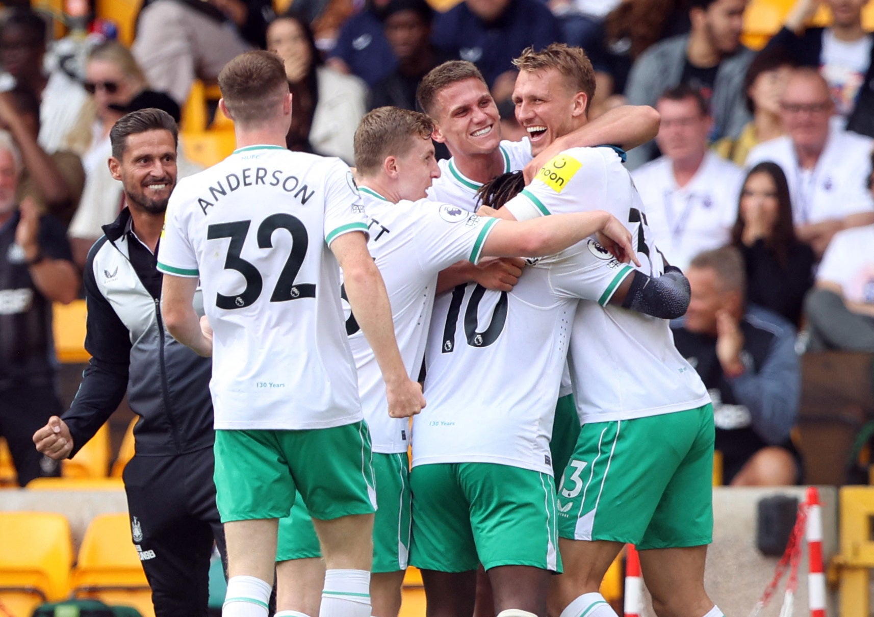 The visitors celebrate a spectacular equaliser from their French No 10