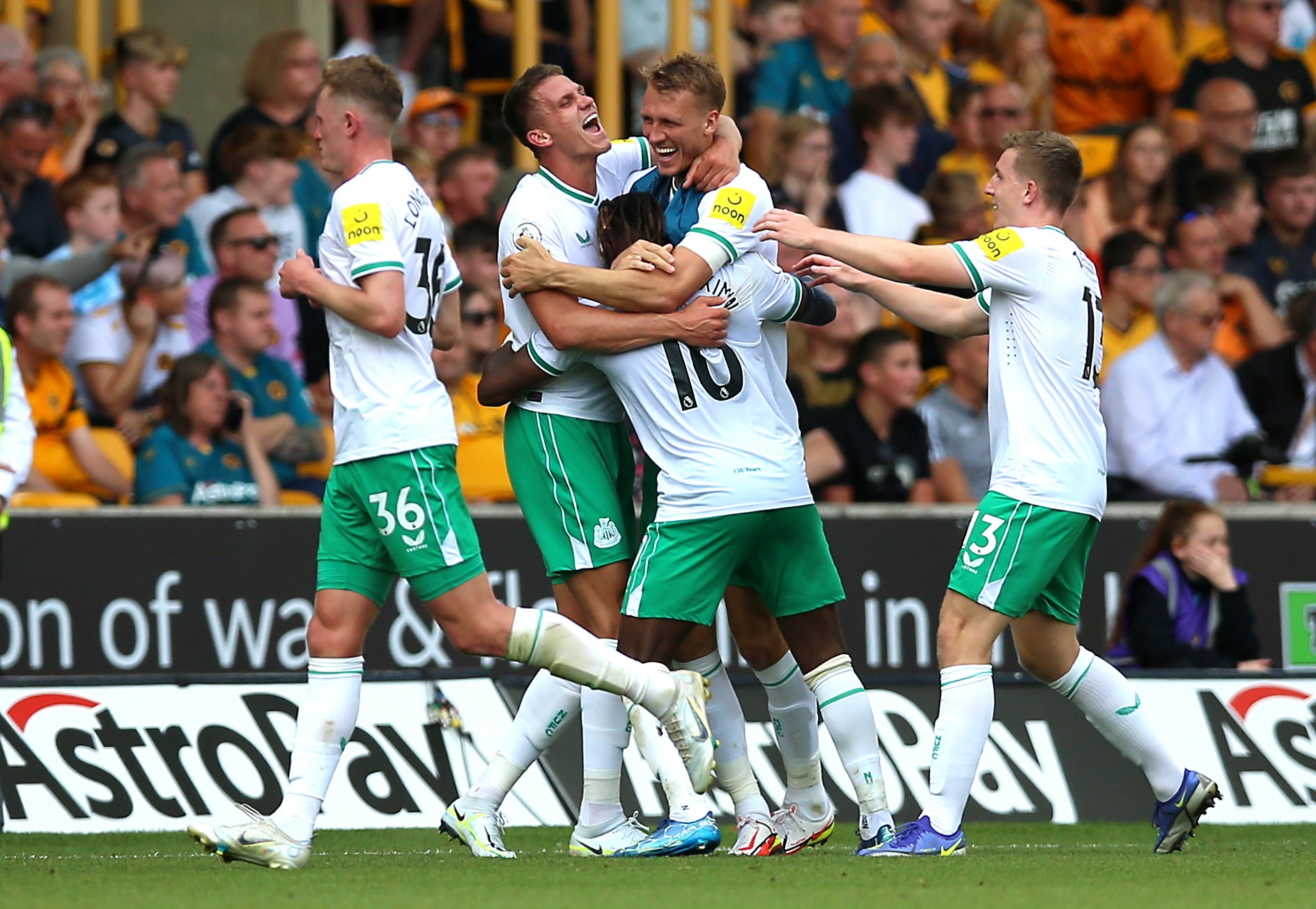 The Newcastle players were celebrating after the late goal to earn a draw (Nigel French/PA)