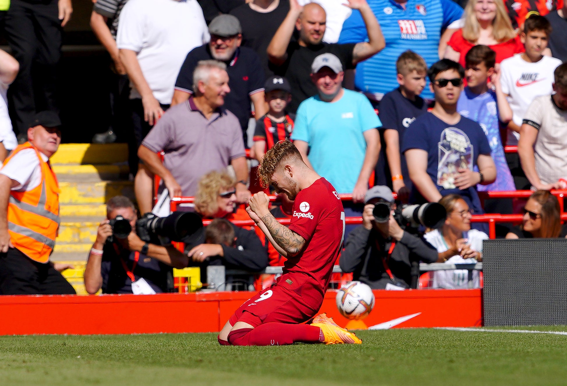 Harvey Elliott celebrates his first Liverpool goal (PA)