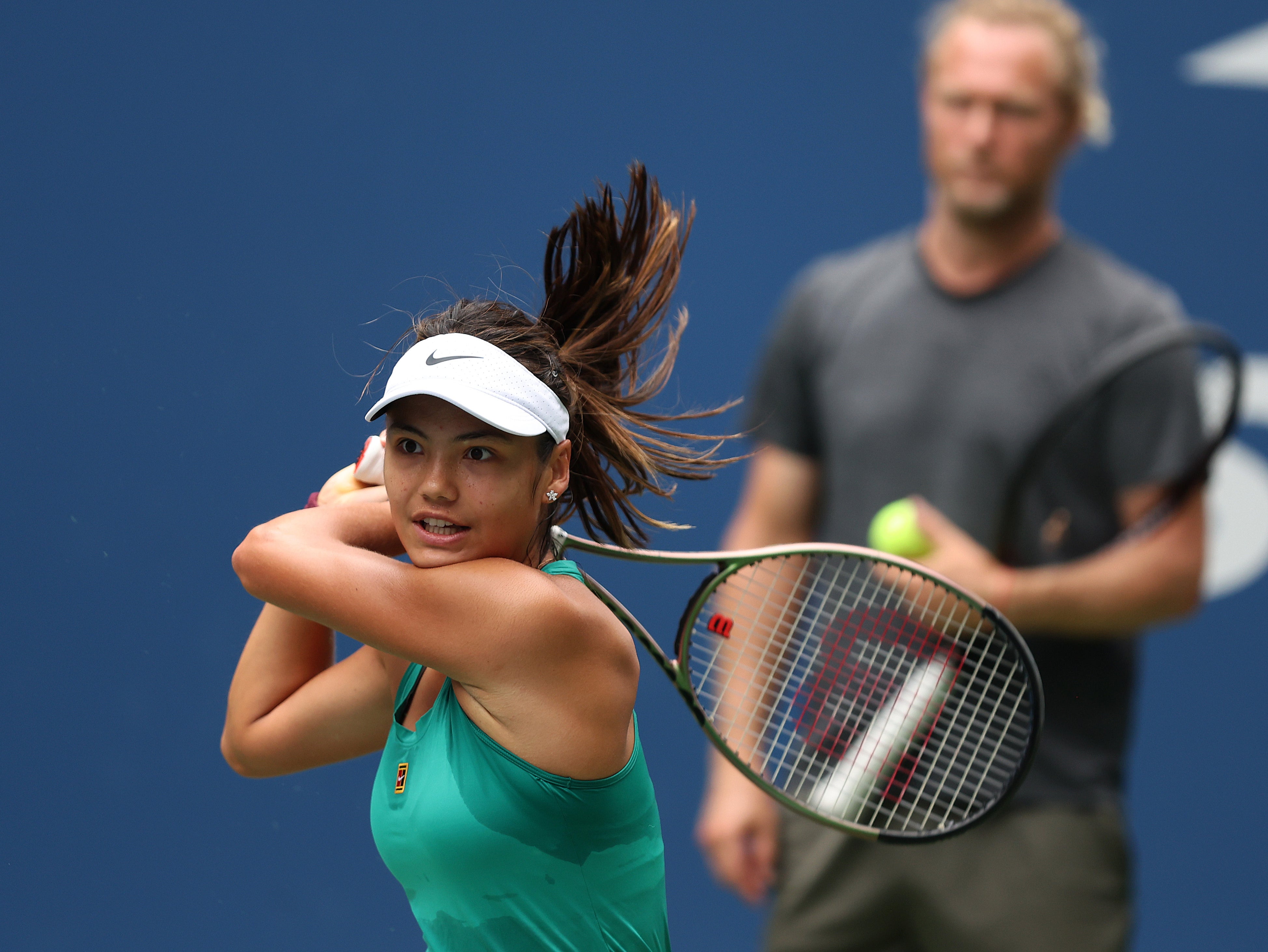 Emma Raducanu in a practice session at the USTA Billie Jean King National Tennis Center