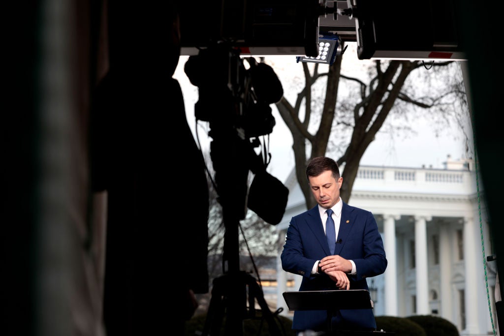 Transportation Secretary Pete Buttigieg in front of the White House