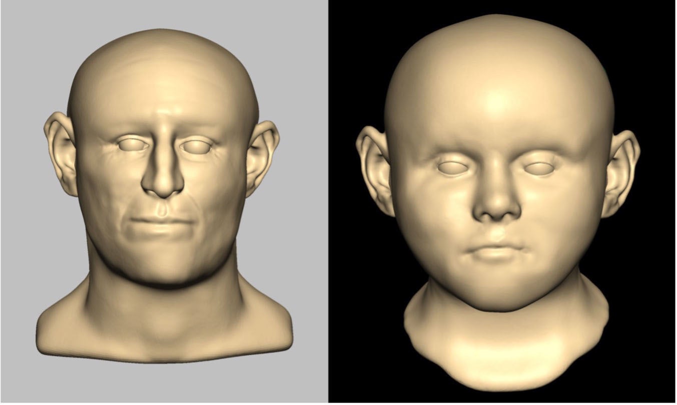 A reconstructed face of a male adult (left) and a child (right) based on remains found in a medieval well in Norwich