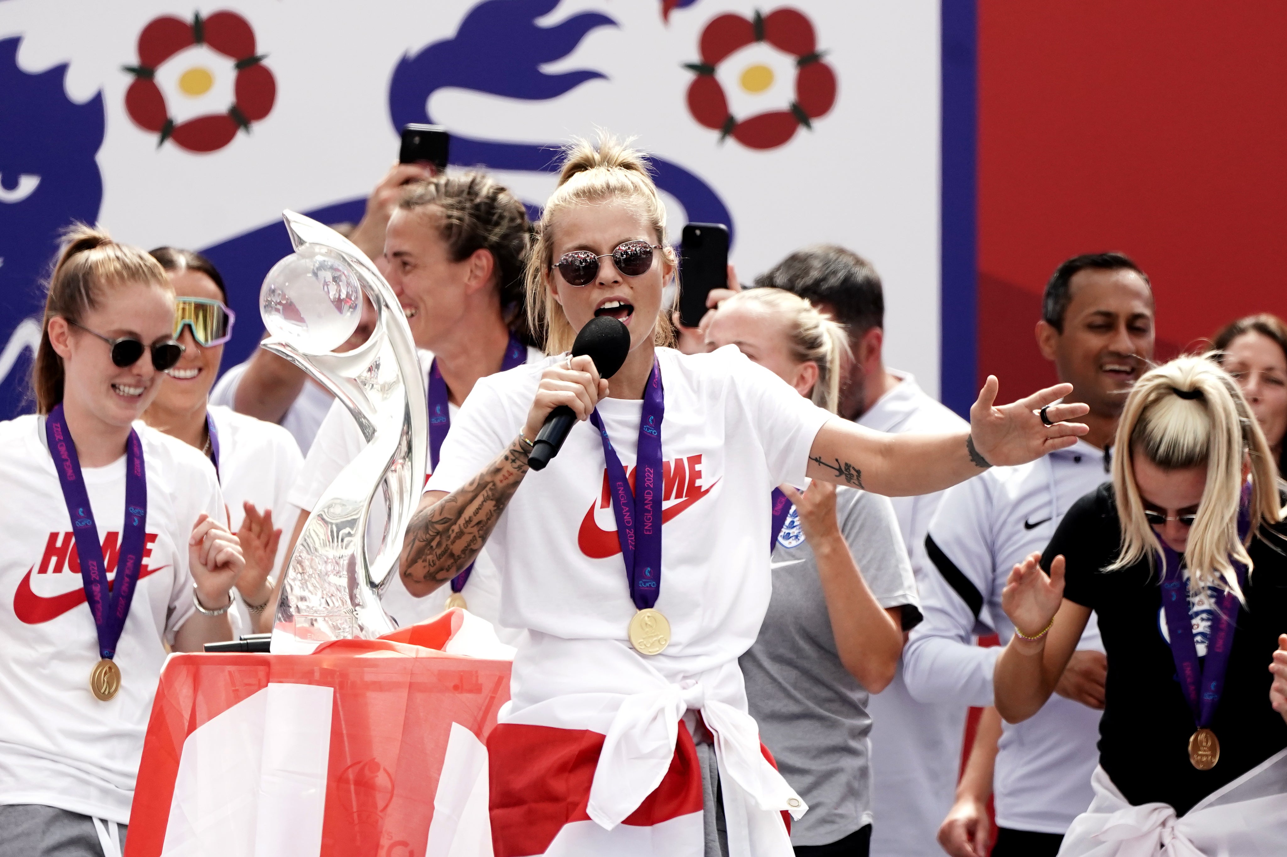 Rachel Daly sings during a fan celebration of England’s Euro 2022 win (Aaron Chown/PA)