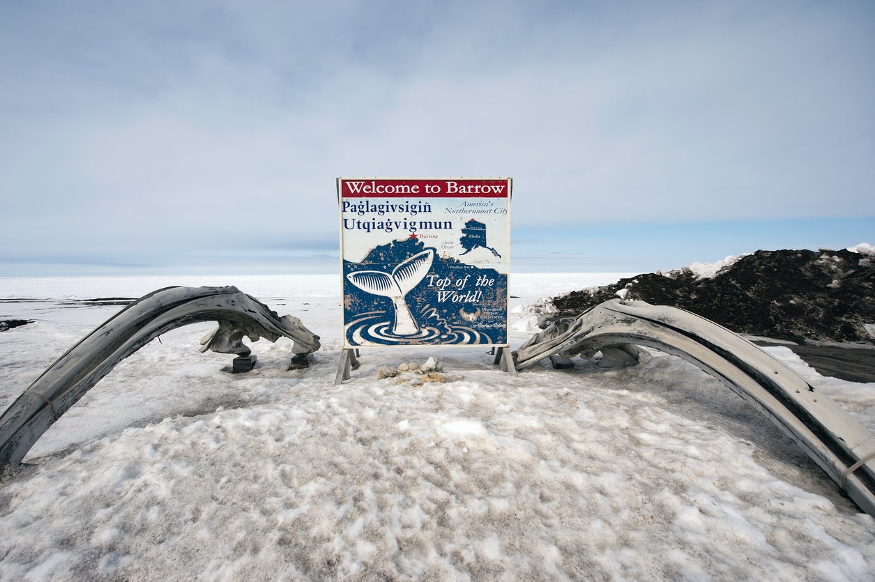 The ‘Welcome to Barrow’ sign, complete with decorative whalebones