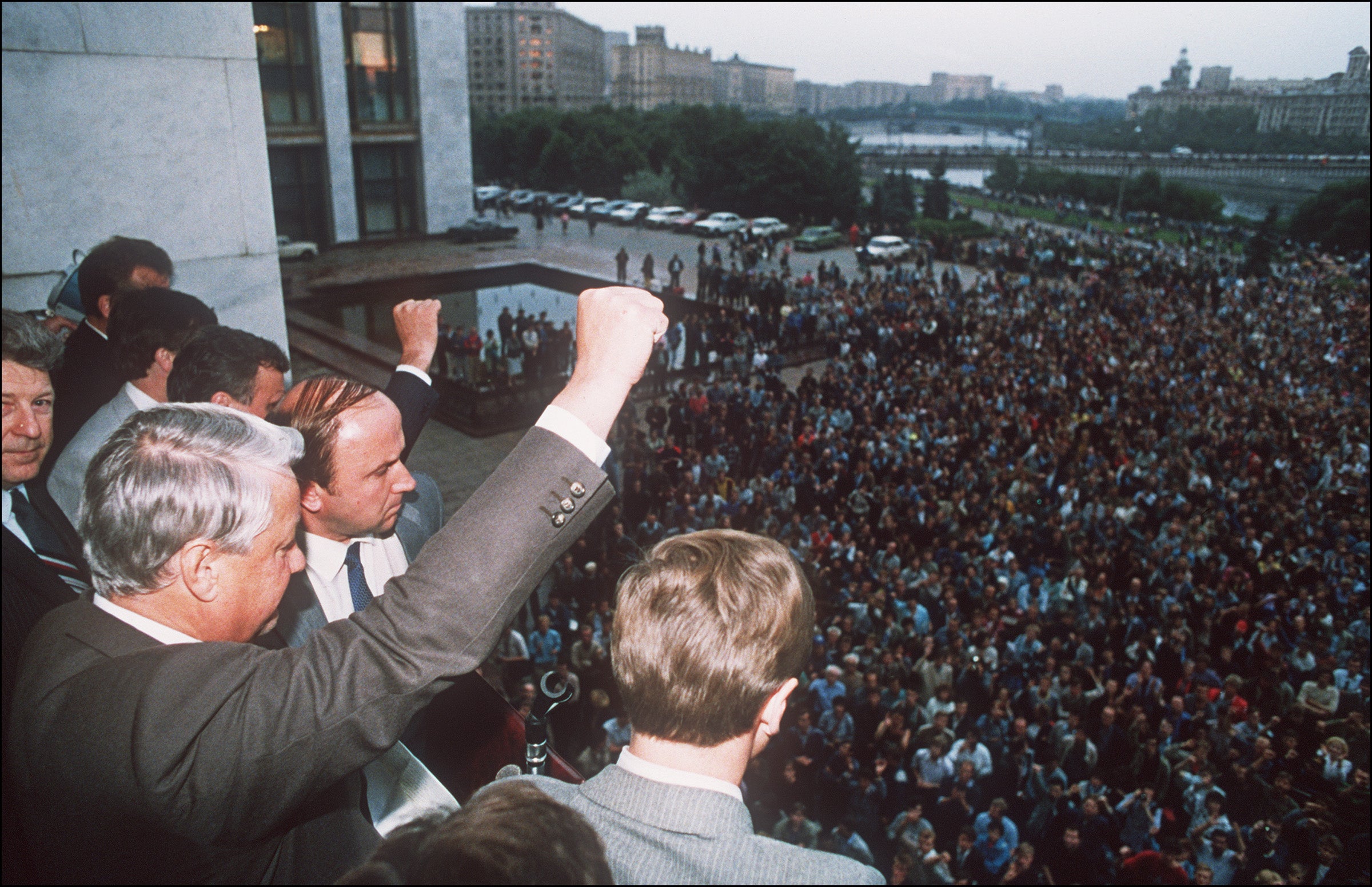 19 August 1991: a defiant Russian president, Boris Yeltsin, clenches a fist to his supporters from the Russian Federation building as the coup begins